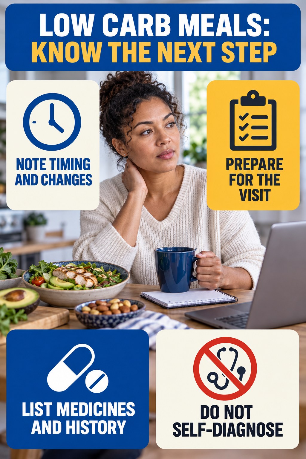 Prepare for a Clinical Visit infographic for Low Carb Meals, explaining vein-health warning signs and the appropriate next action without diagnosing a condition.