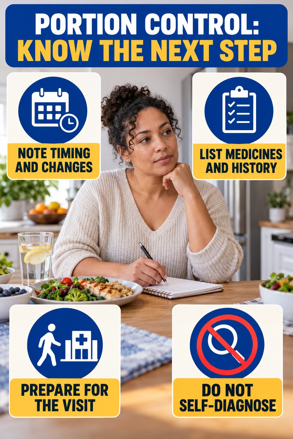 Prepare for a Clinical Visit infographic for Portion Control, explaining vein-health warning signs and the appropriate next action without diagnosing a condition.