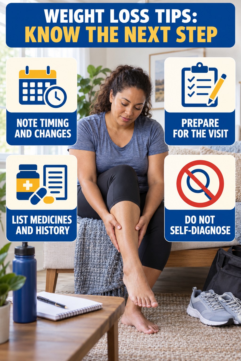 Prepare for a Clinical Visit infographic for Weight Loss Tips, explaining vein-health warning signs and the appropriate next action without diagnosing a condition.
