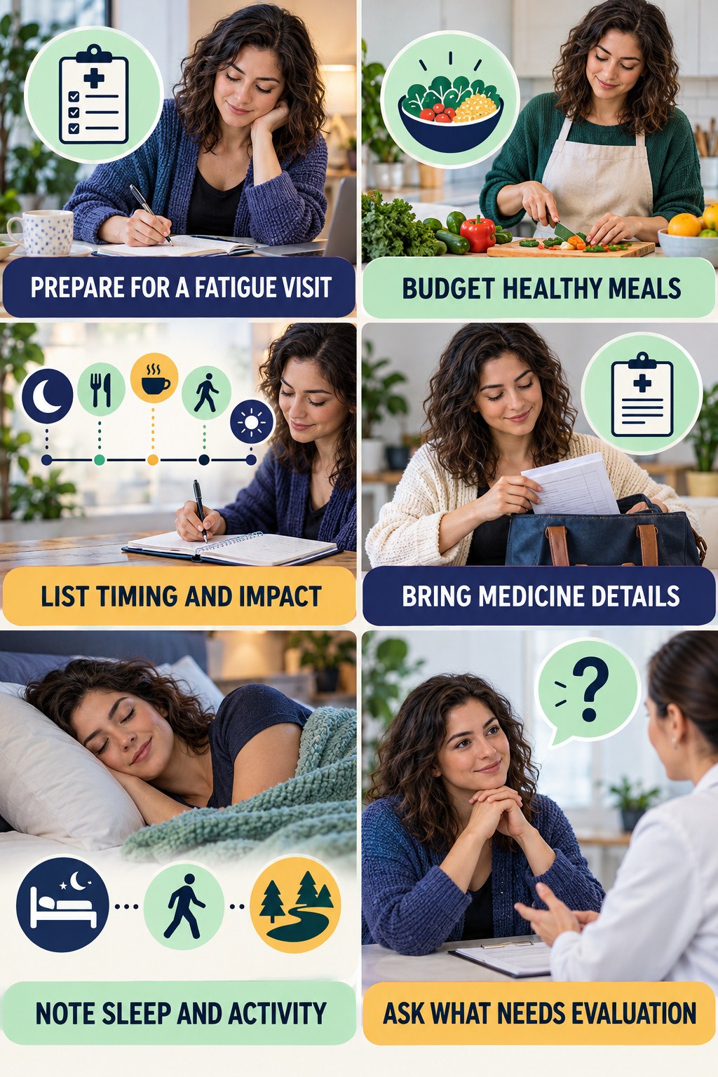 Prepare for a Persistent Fatigue Visit natural-energy and hormone-health-literacy infographic for Budget Healthy Meals with four practical checks.