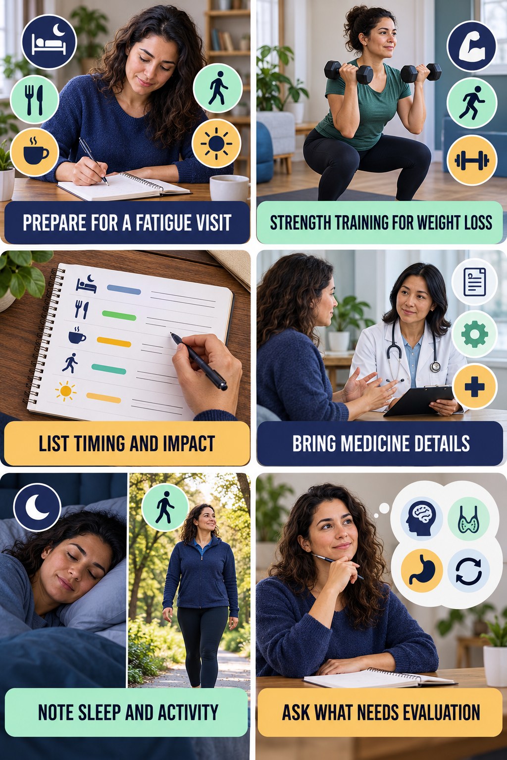 Prepare for a Persistent Fatigue Visit natural-energy and hormone-health-literacy infographic for Strength Training for Weight Loss with four practical checks.