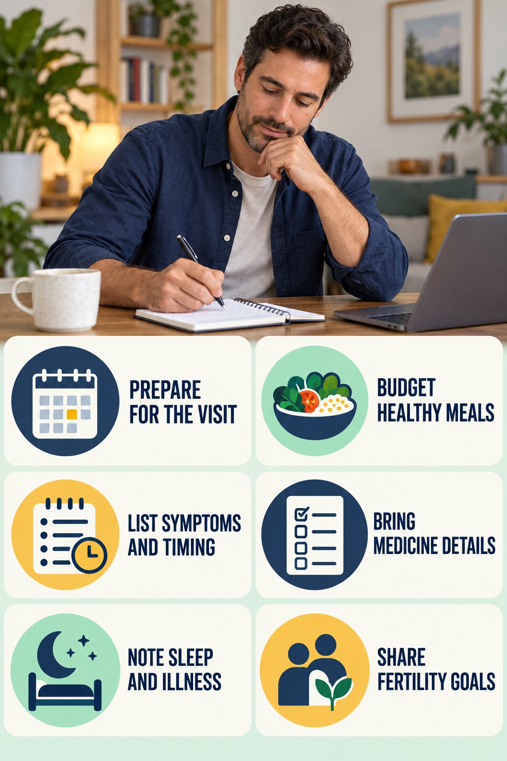 Prepare for a Testosterone Health Visit testosterone-health-awareness infographic for Budget Healthy Meals with four concise educational checks.