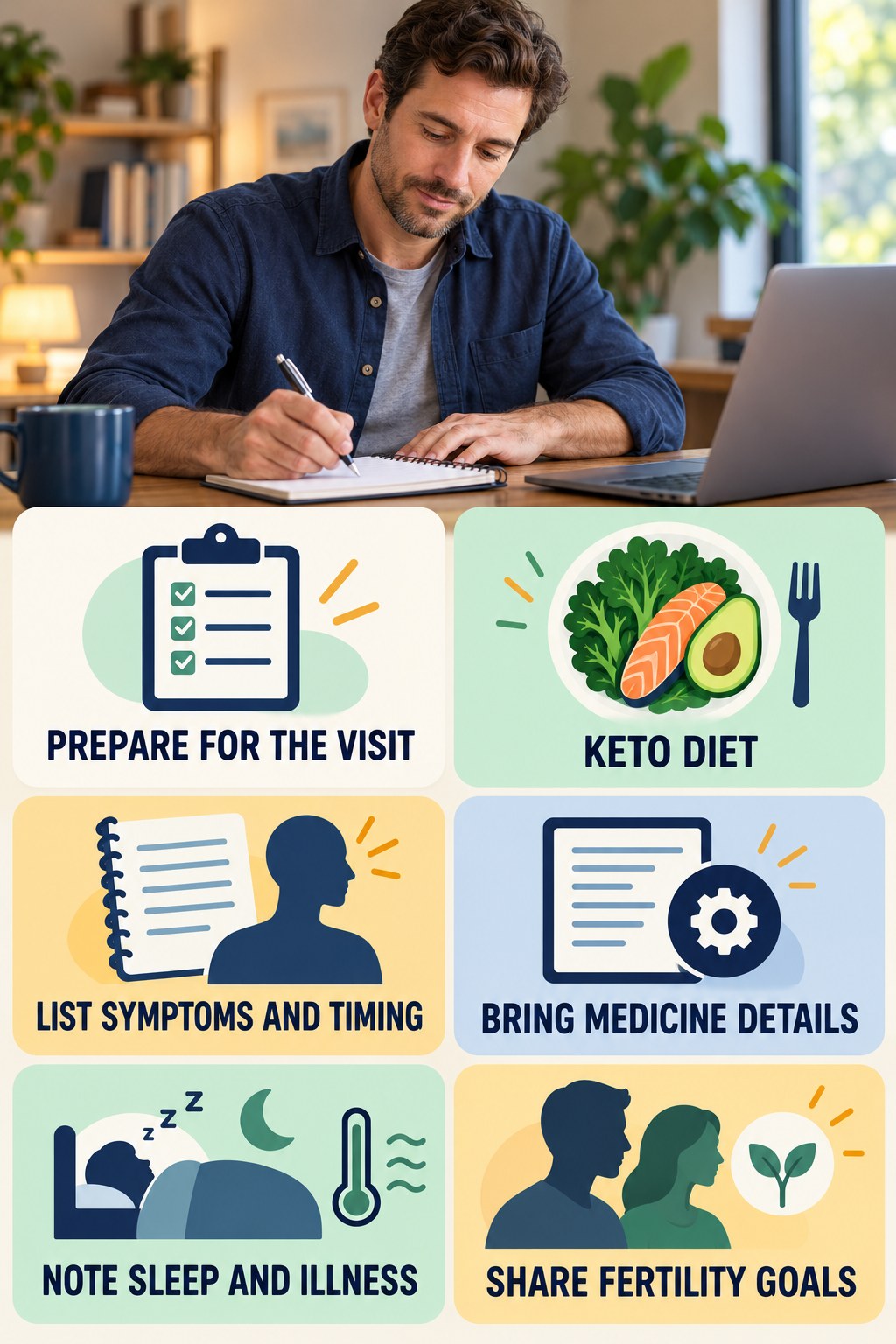 Prepare for a Testosterone Health Visit testosterone-health-awareness infographic for Keto Diet with four concise educational checks.