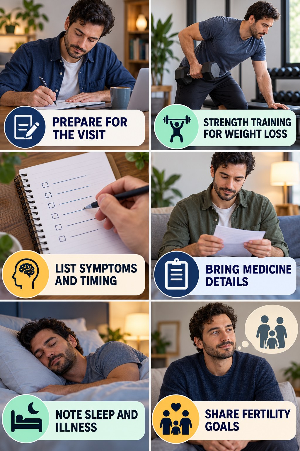 Prepare for a Testosterone Health Visit testosterone-health-awareness infographic for Strength Training for Weight Loss with four concise educational checks.