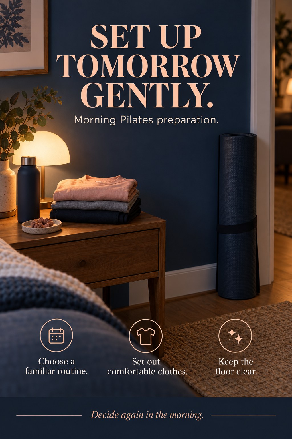 Folded exercise clothes and a rolled mat stored neatly beside a simple morning reminder card.