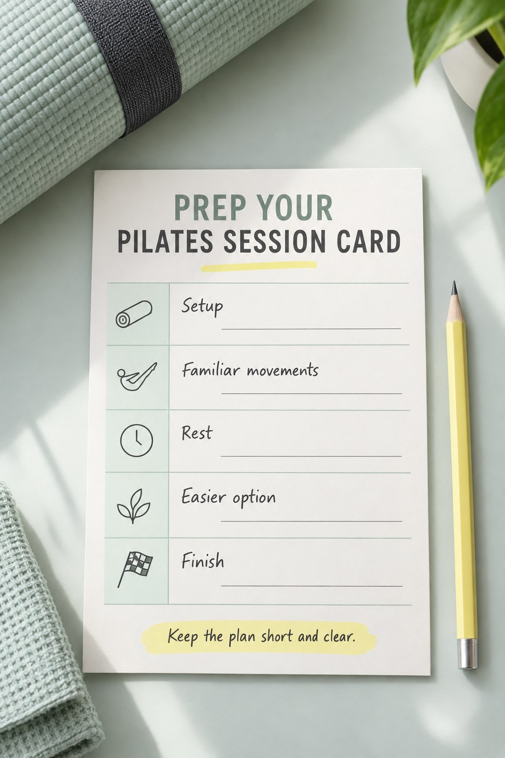 A Pilates mat and a five-line session card show setup, movements, rest, easier option, and finish.
