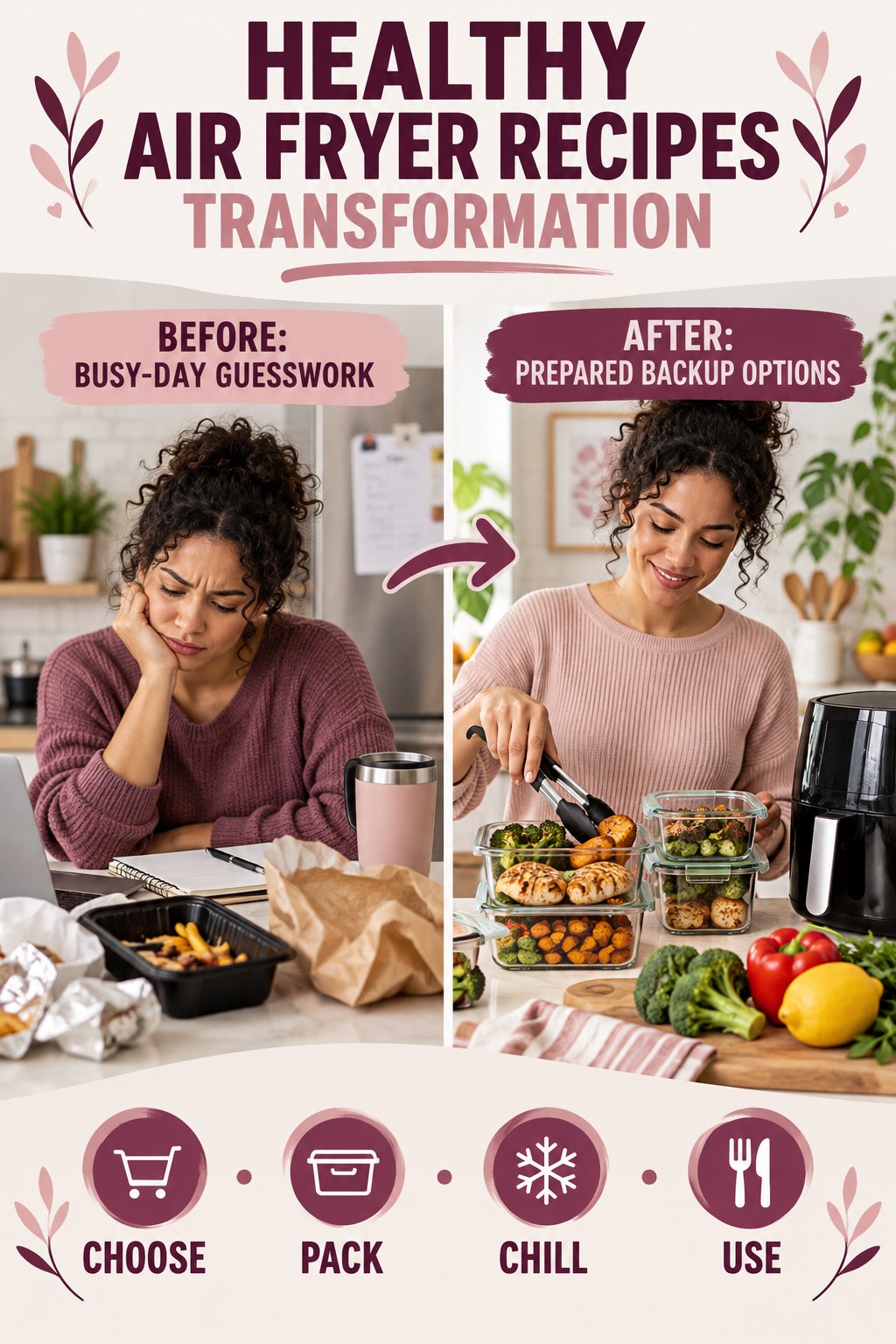 Healthy Air Fryer Recipes habit transformation graphic comparing busy-day guesswork with prepared backup options using four practical steps.