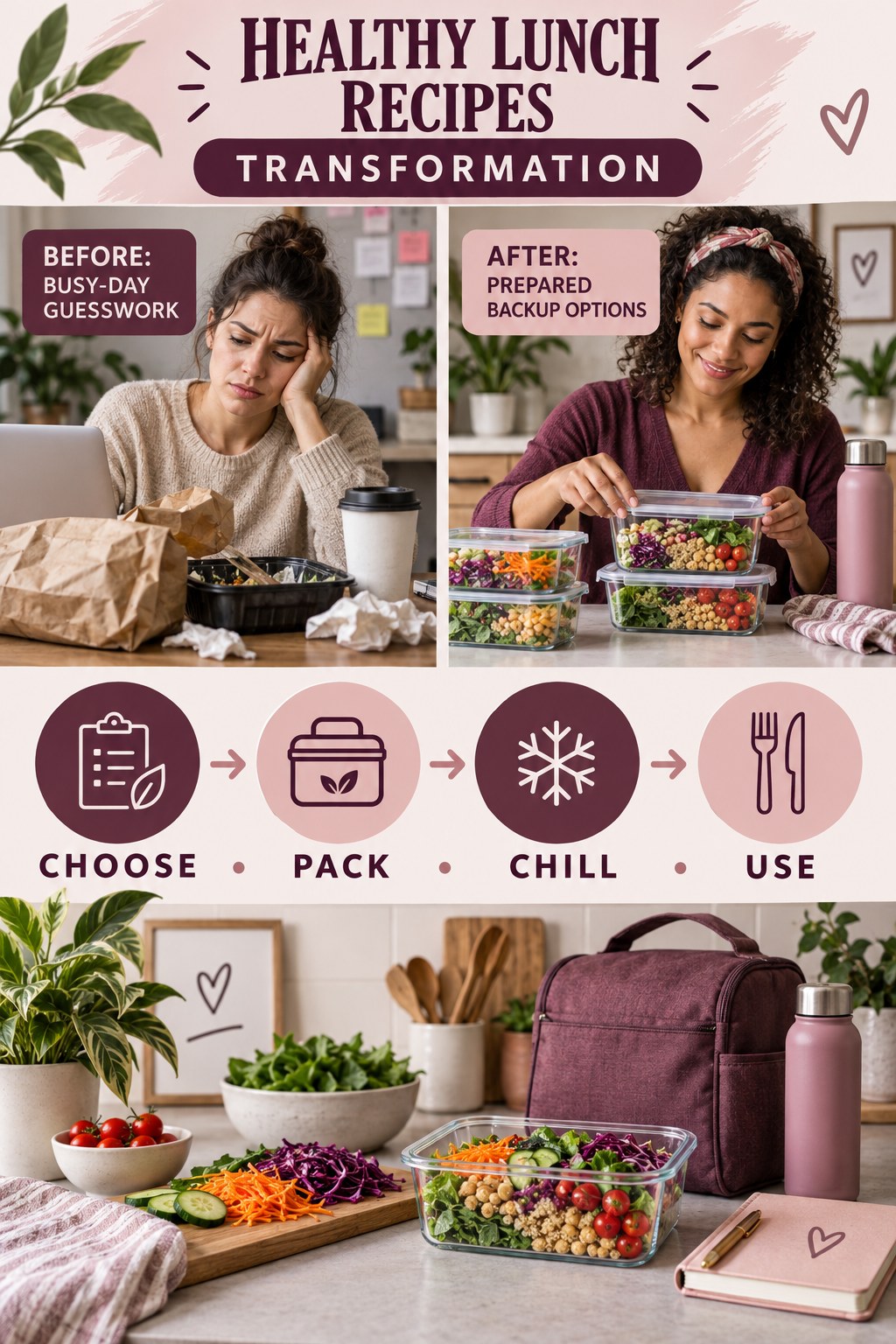 Healthy Lunch Recipes habit transformation graphic comparing busy-day guesswork with prepared backup options using four practical steps.