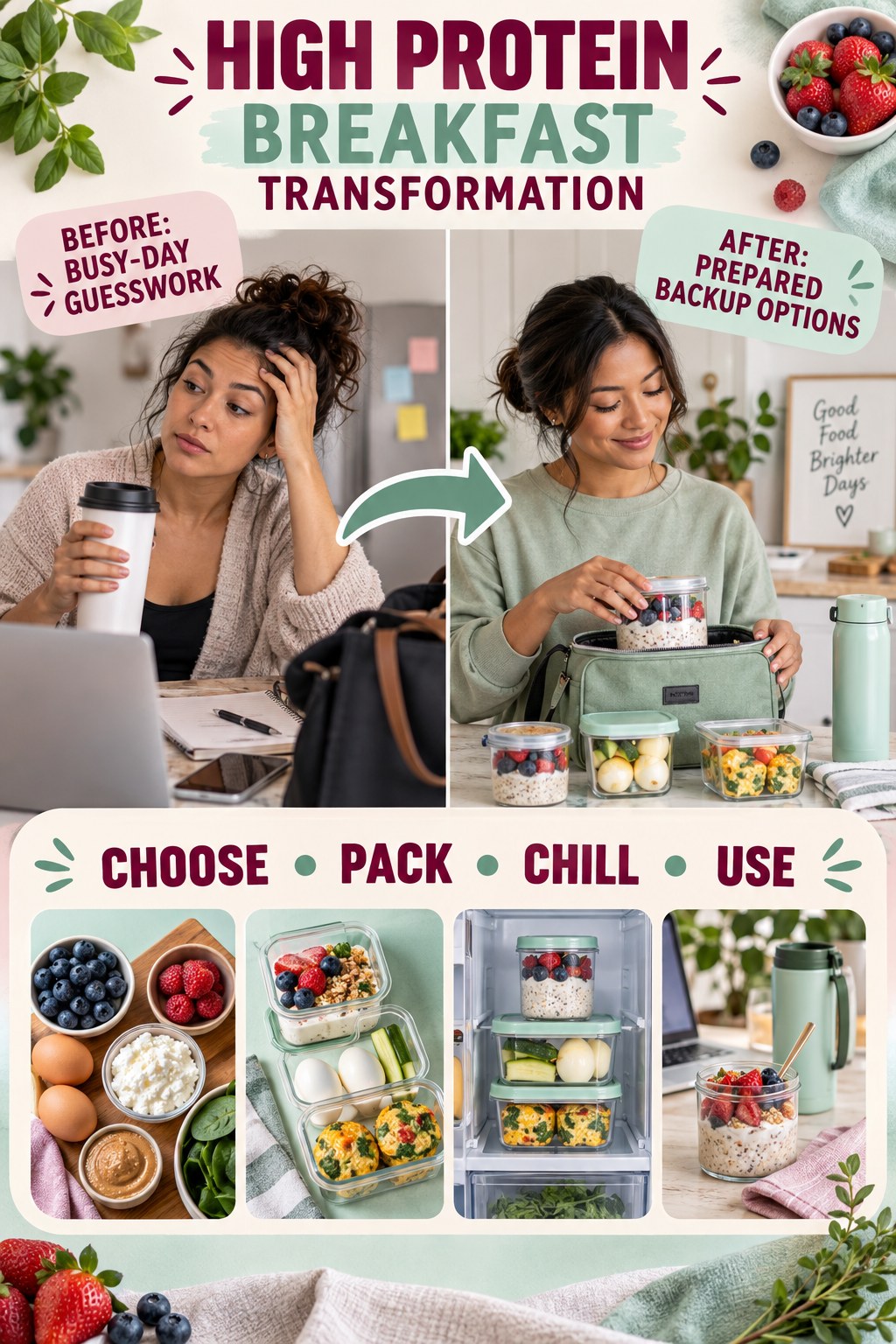 High Protein Breakfast habit transformation graphic comparing busy-day guesswork with prepared backup options using four practical steps.