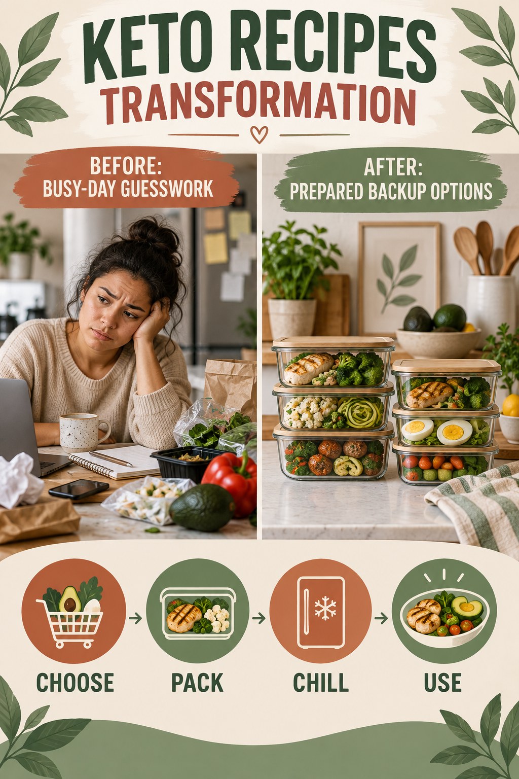 Keto Recipes habit transformation graphic comparing busy-day guesswork with prepared backup options using four practical steps.