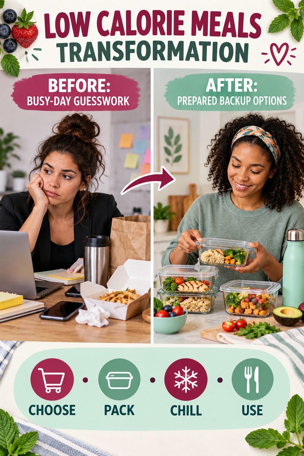 Low Calorie Meals habit transformation graphic comparing busy-day guesswork with prepared backup options using four practical steps.