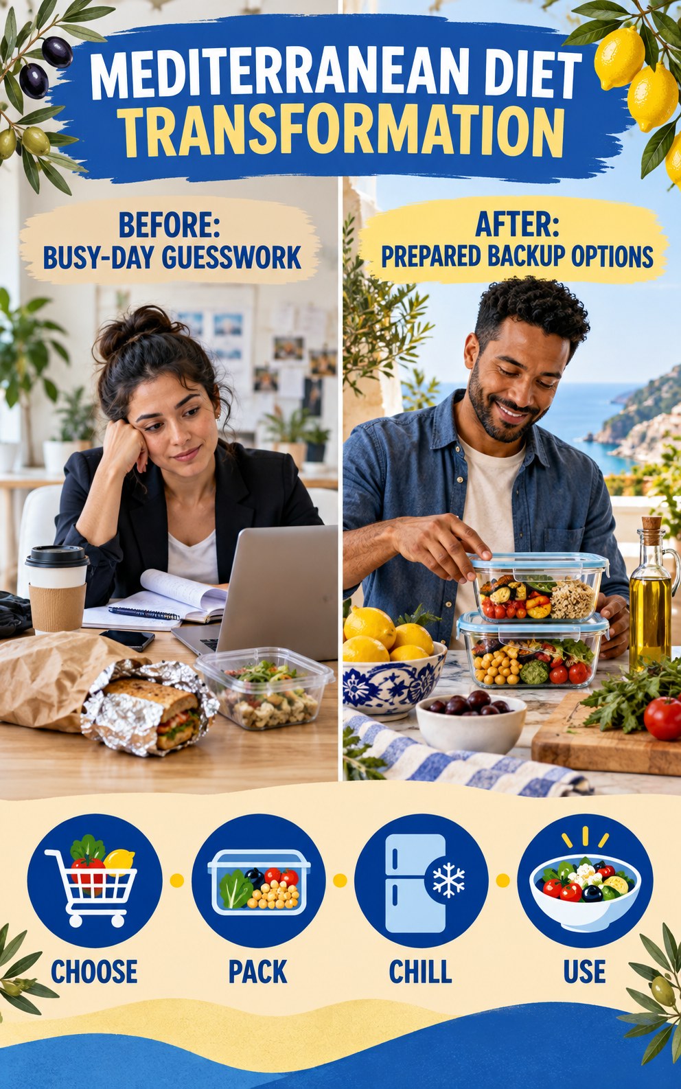 Mediterranean Diet habit transformation graphic comparing busy-day guesswork with prepared backup options using four practical steps.