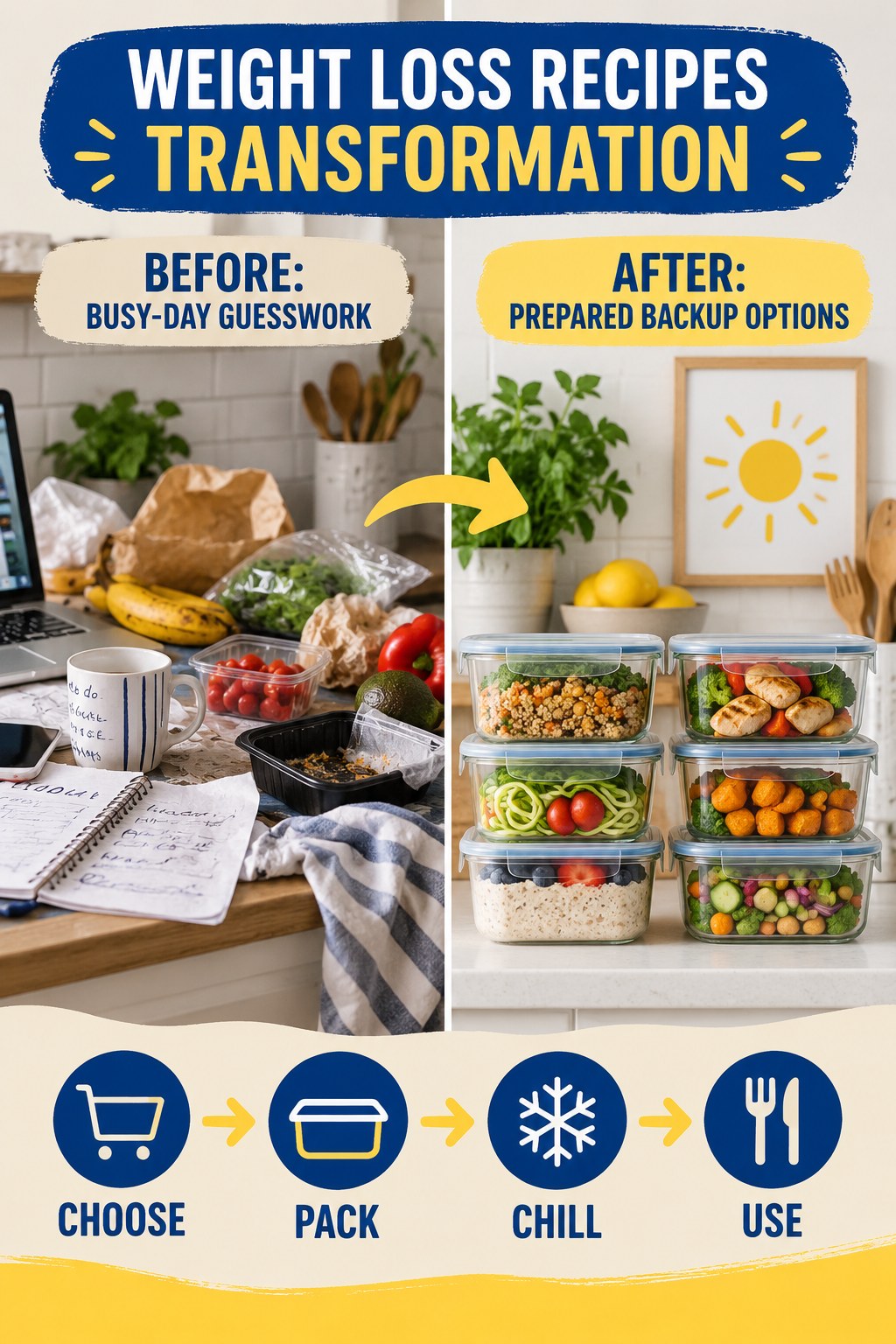Weight Loss Recipes habit transformation graphic comparing busy-day guesswork with prepared backup options using four practical steps.