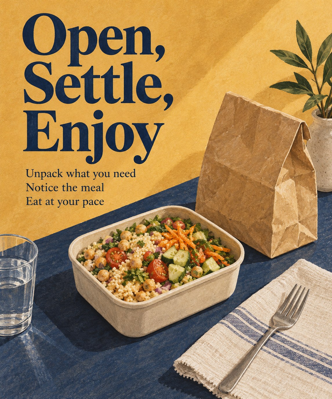 Open packed chickpea and couscous lunch with the words Open, Settle, Enjoy and a simple unpacking prompt.