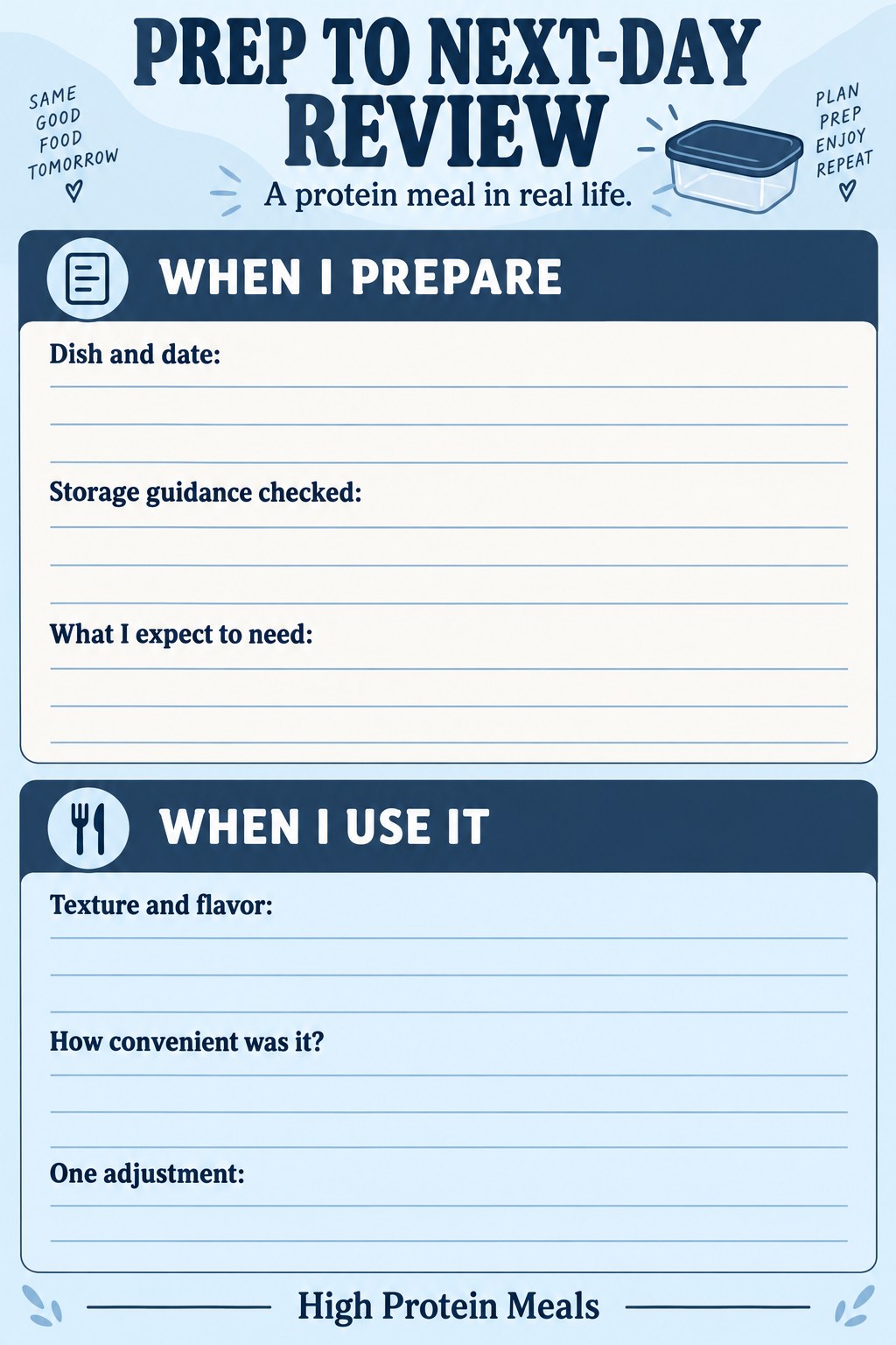 Two-panel blank tracker for preparing a protein meal and reviewing its next-day use