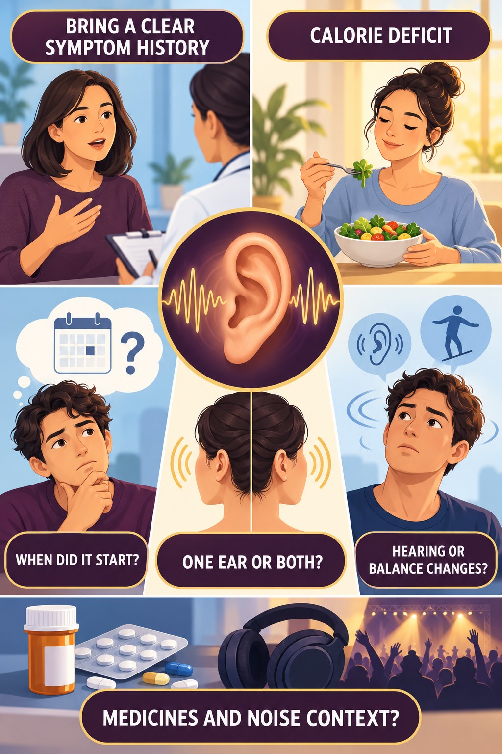 Preparing for a Tinnitus Evaluation infographic for Calorie Deficit with four concise tinnitus-awareness points.