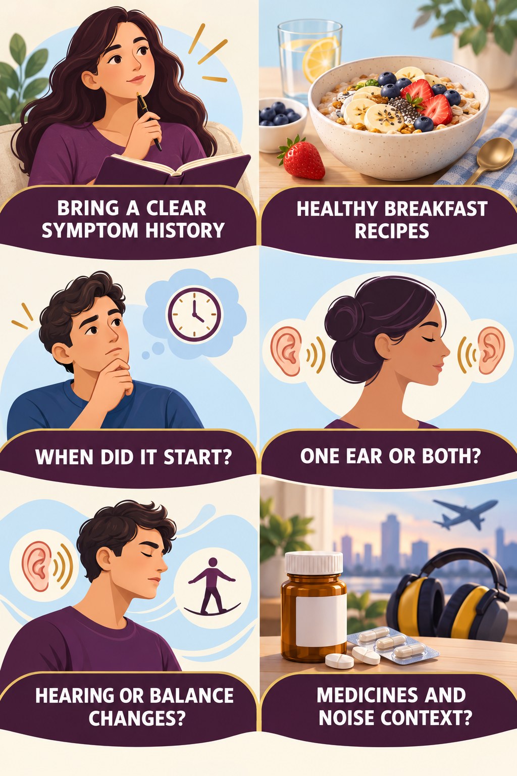 Preparing for a Tinnitus Evaluation infographic for Healthy Breakfast Recipes with four concise tinnitus-awareness points.
