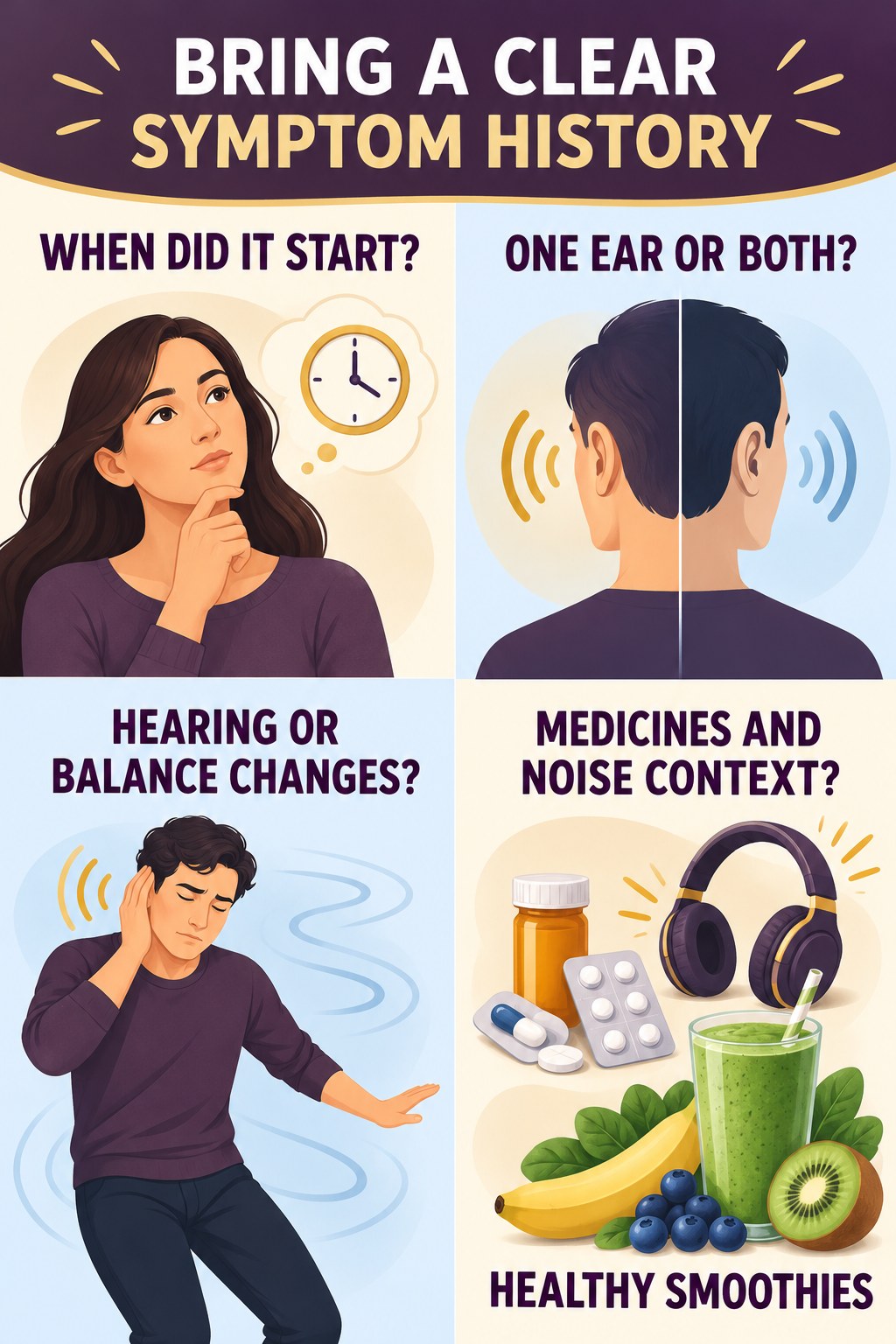 Preparing for a Tinnitus Evaluation infographic for Healthy Smoothies with four concise tinnitus-awareness points.