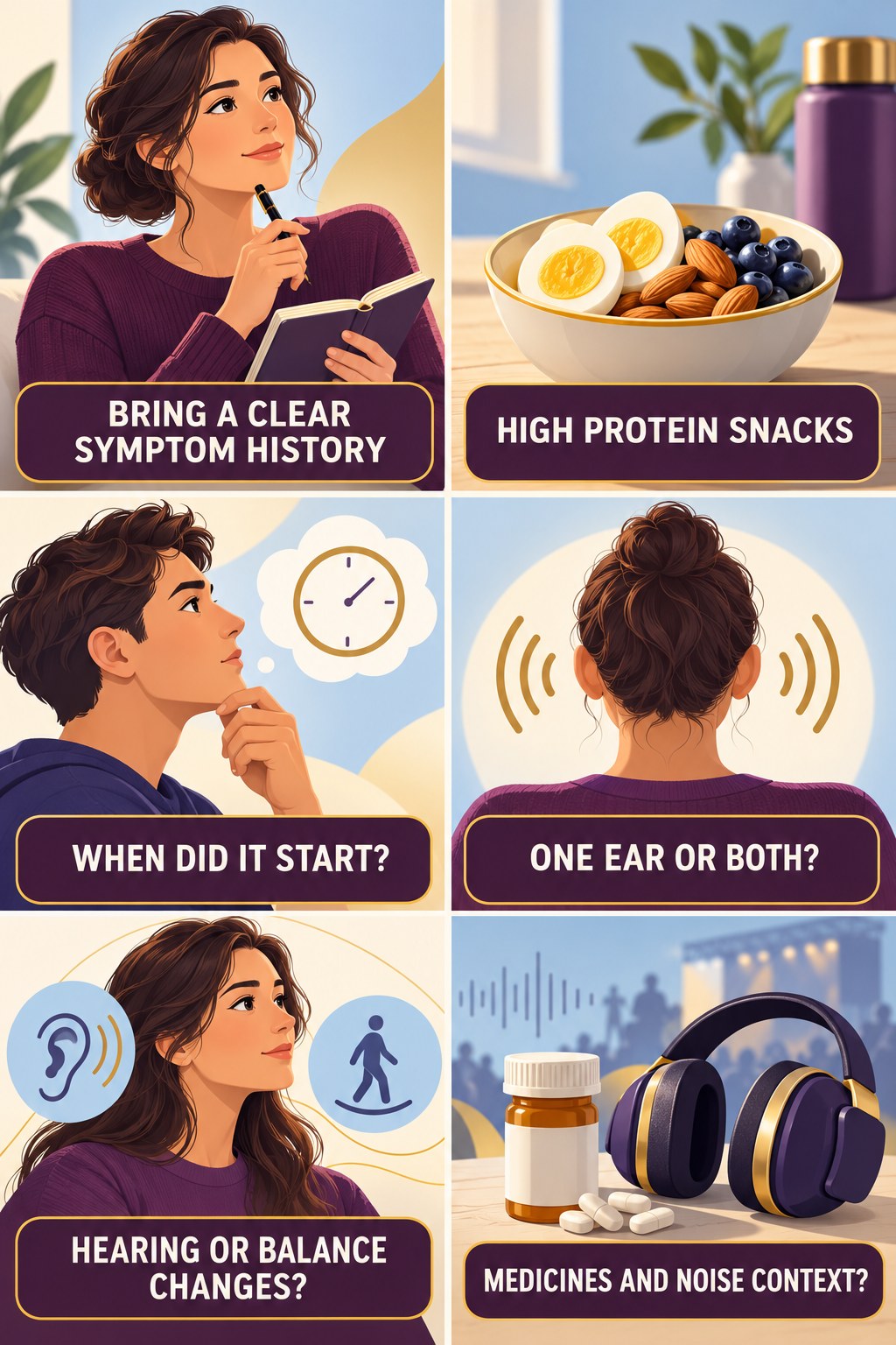 Preparing for a Tinnitus Evaluation infographic for High Protein Snacks with four concise tinnitus-awareness points.