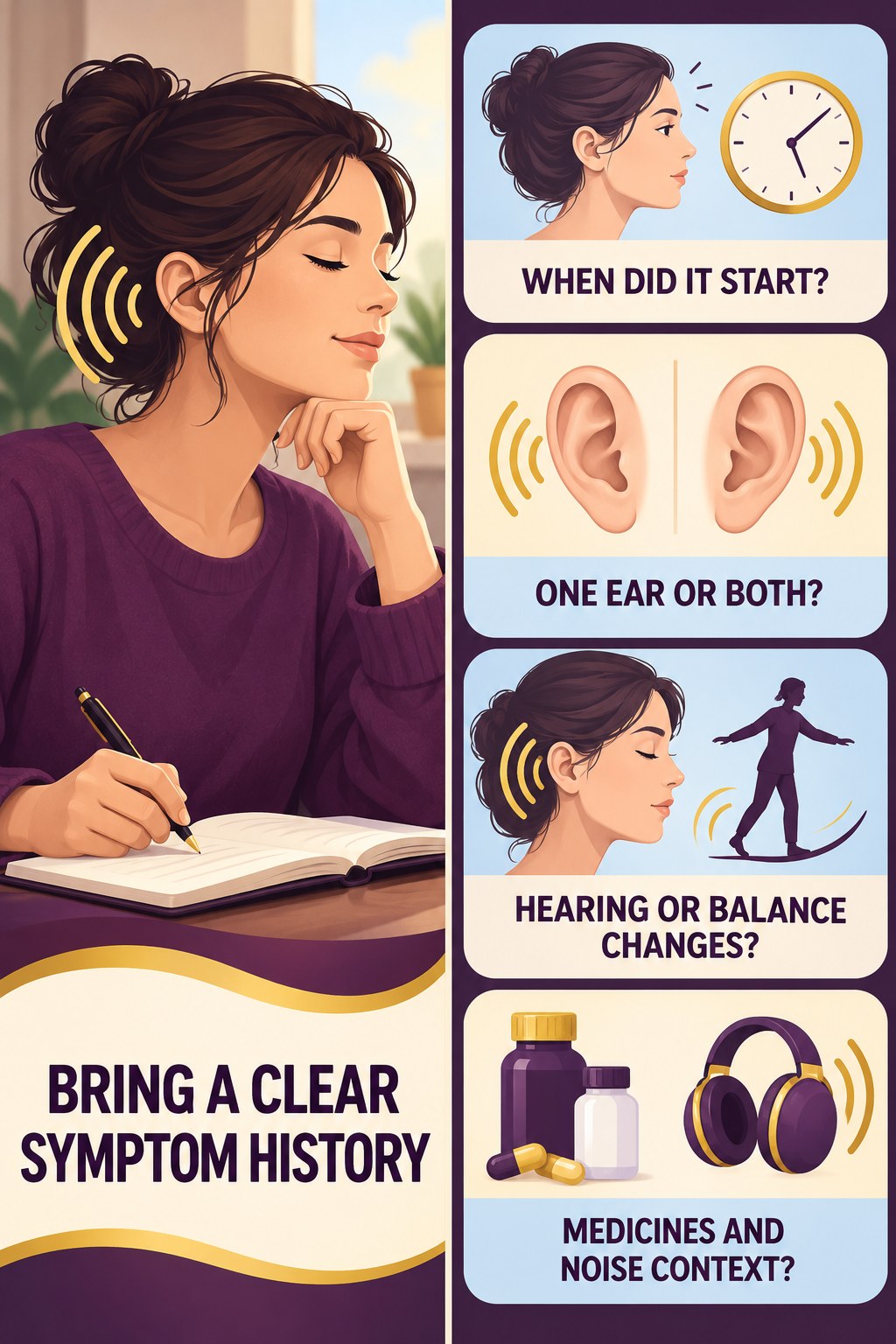 Preparing for a Tinnitus Evaluation infographic for Strength Training for Weight Loss with four concise tinnitus-awareness points.