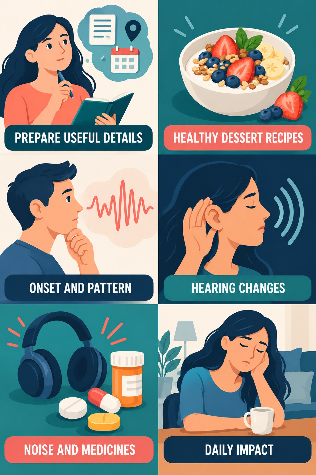 Preparing for an Audiology Visit infographic for Healthy Dessert Recipes with four concise evaluation-guidance points.