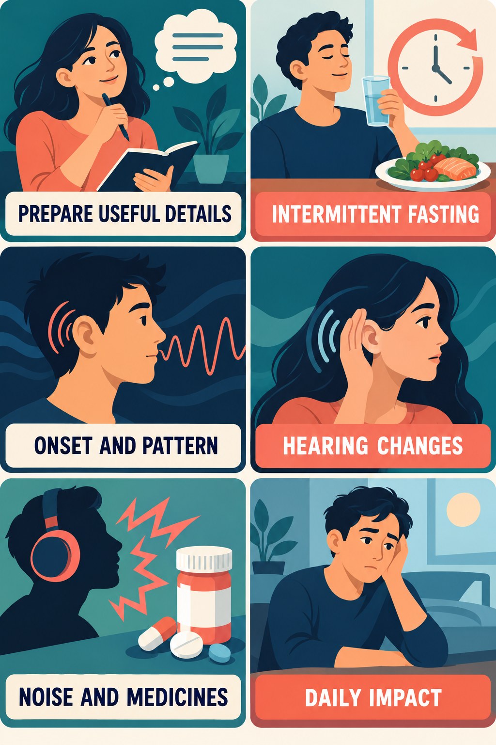 Preparing for an Audiology Visit infographic for Intermittent Fasting with four concise evaluation-guidance points.