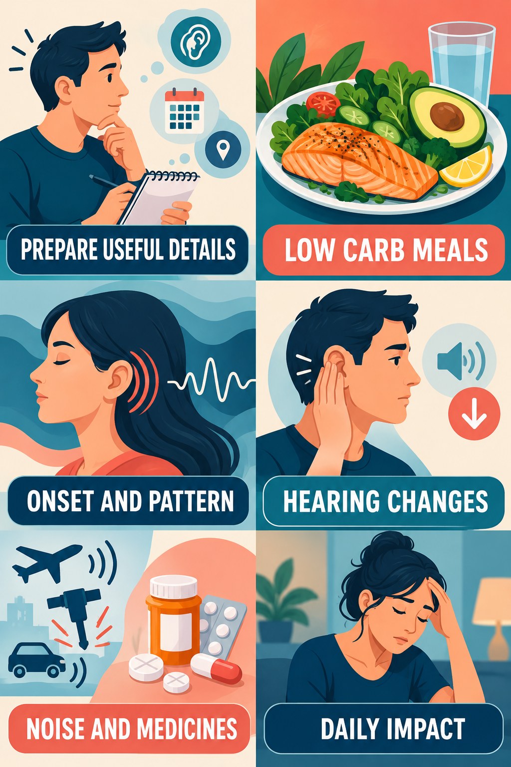 Preparing for an Audiology Visit infographic for Low Carb Meals with four concise evaluation-guidance points.
