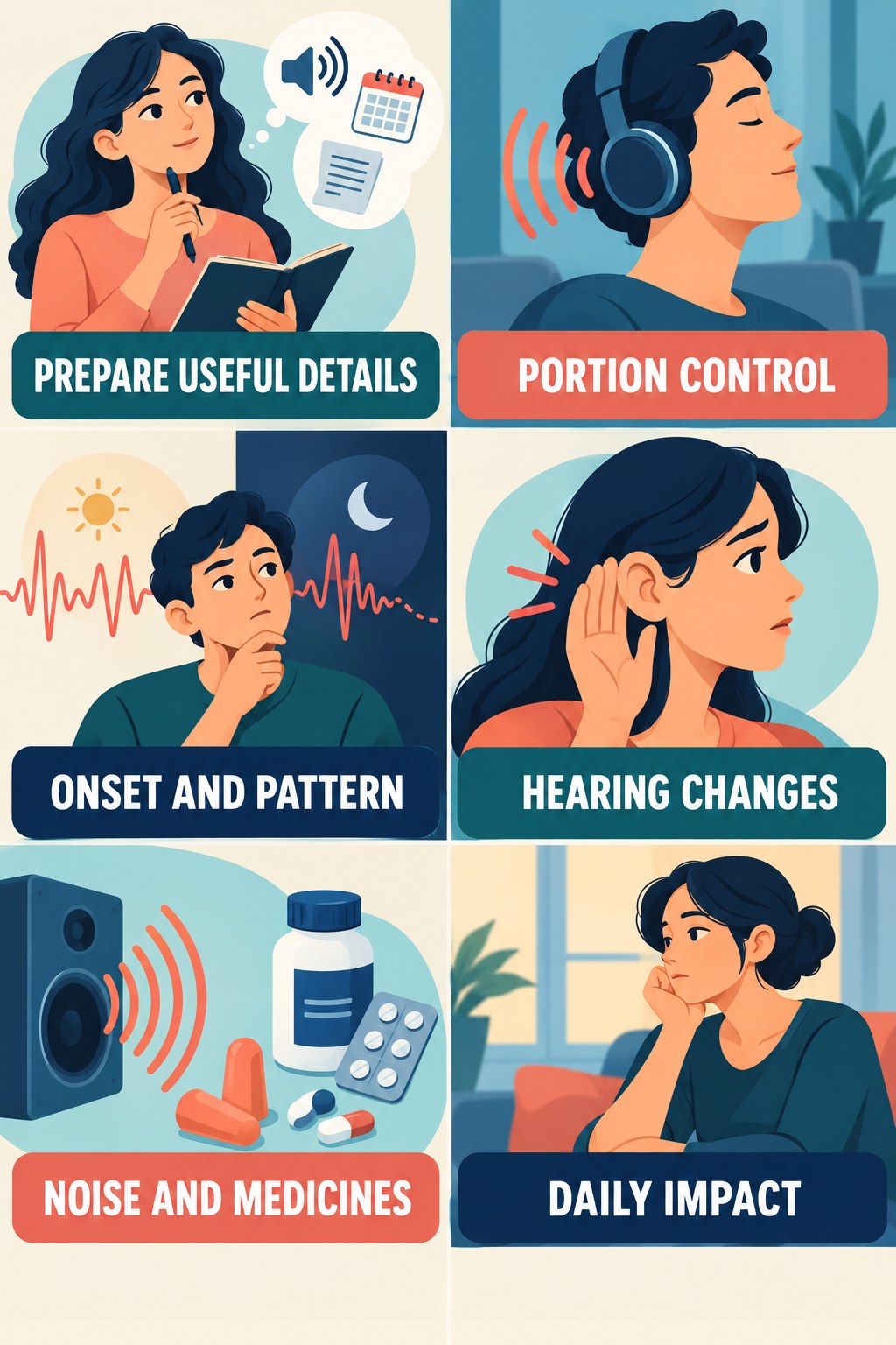 Preparing for an Audiology Visit infographic for Portion Control with four concise evaluation-guidance points.