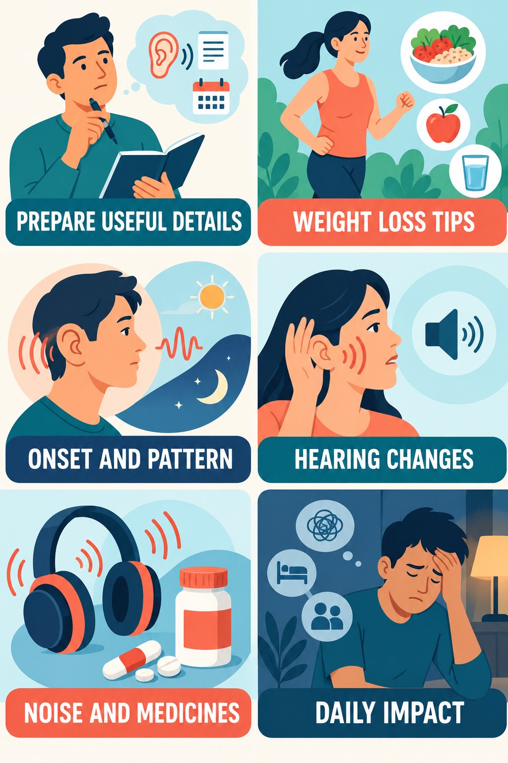 Preparing for an Audiology Visit infographic for Weight Loss Tips with four concise evaluation-guidance points.