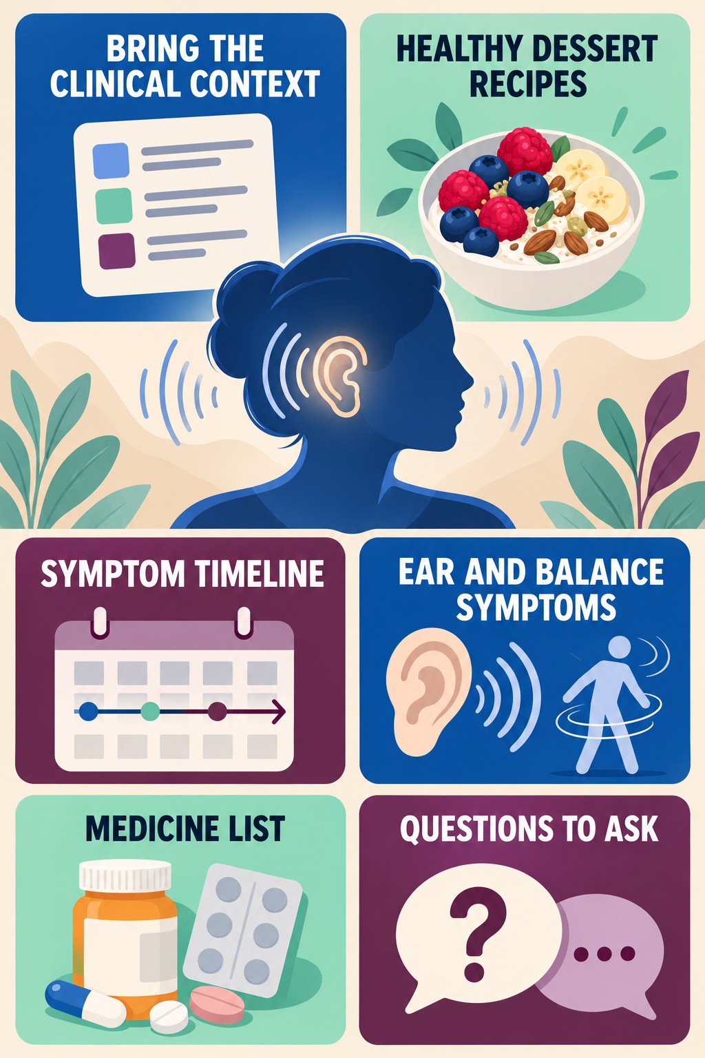 Preparing for an ENT Visit infographic for Healthy Dessert Recipes with four concise evaluation-guidance points.