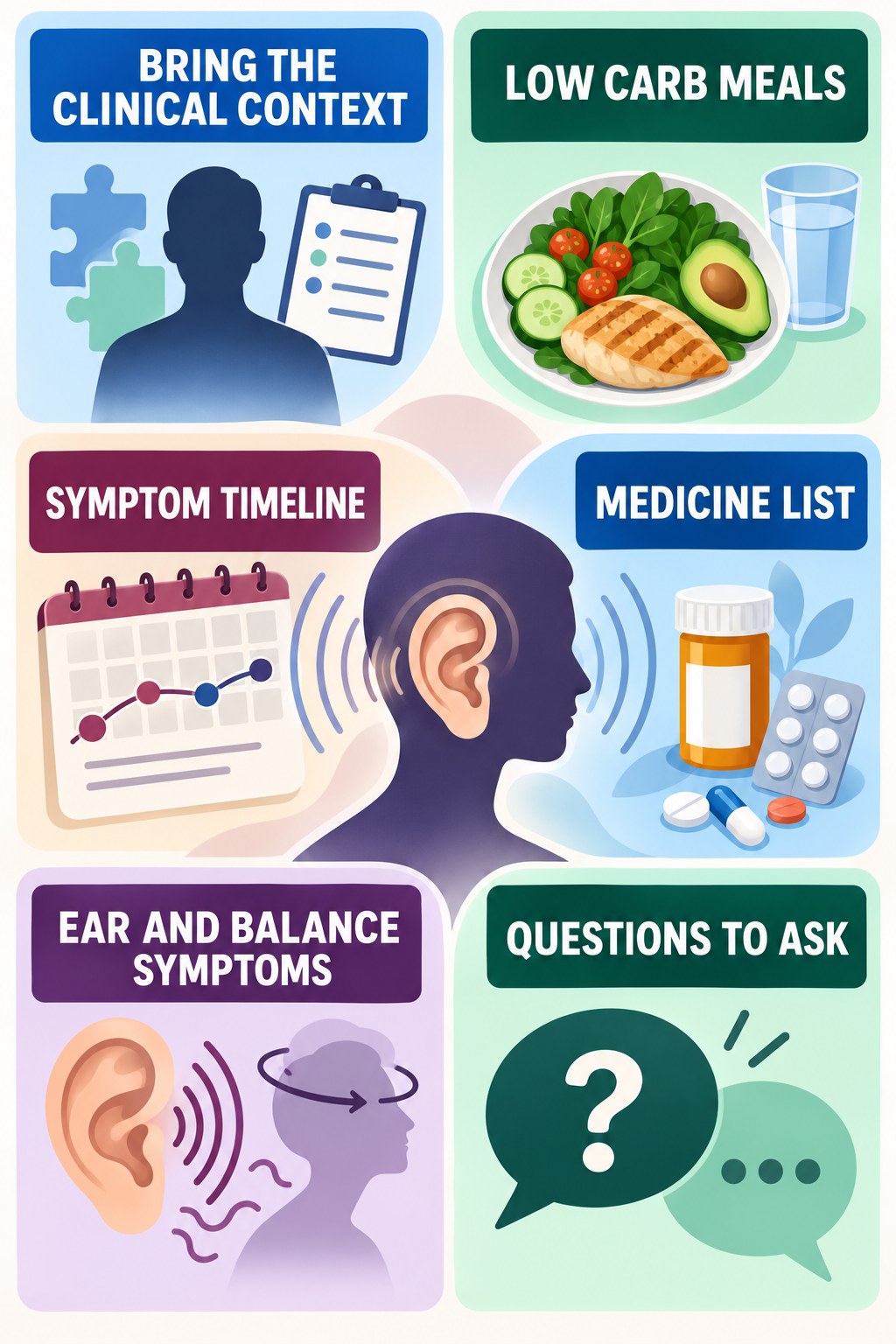 Preparing for an ENT Visit infographic for Low Carb Meals with four concise evaluation-guidance points.