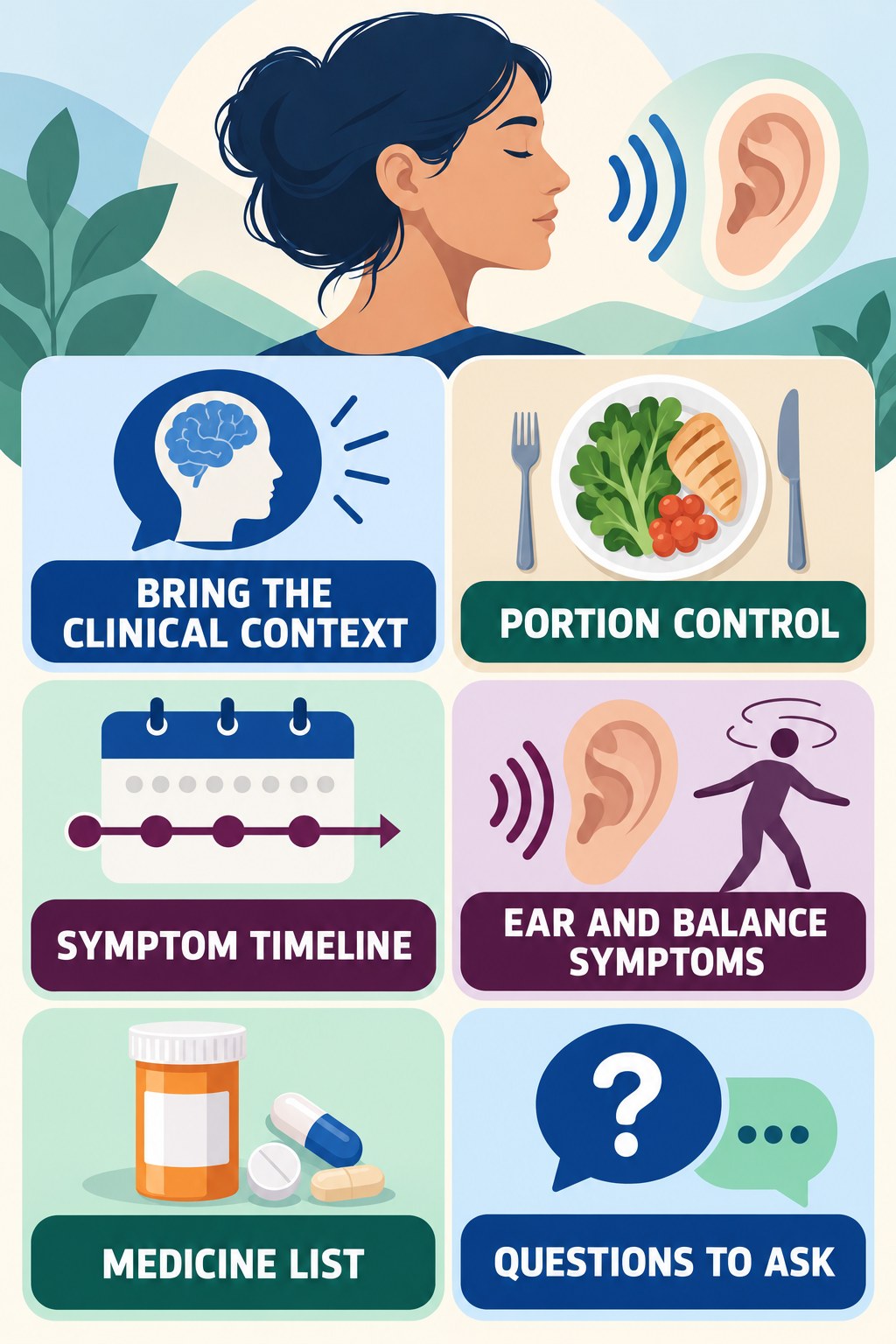 Preparing for an ENT Visit infographic for Portion Control with four concise evaluation-guidance points.