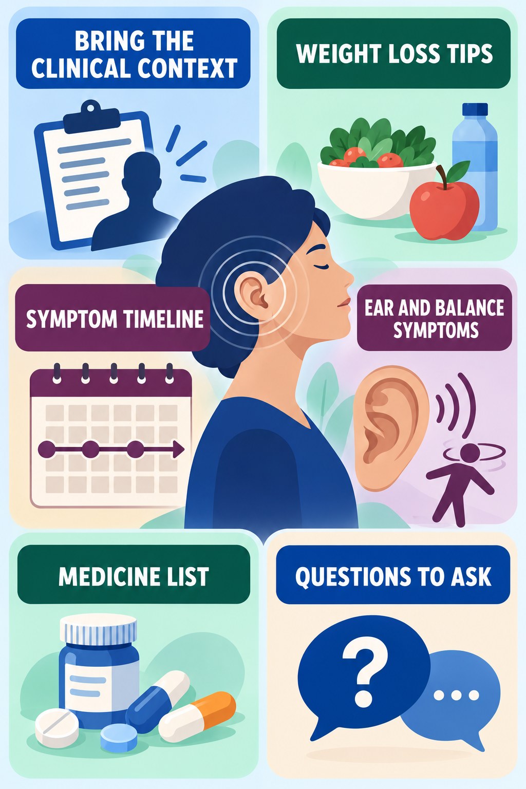 Preparing for an ENT Visit infographic for Weight Loss Tips with four concise evaluation-guidance points.