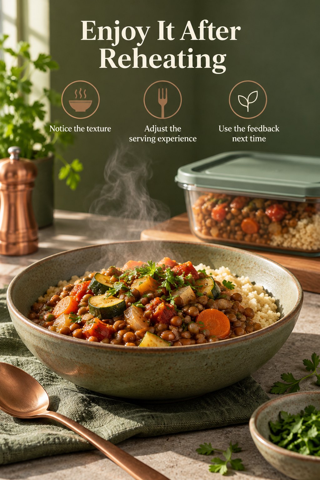 Lentil vegetable stew served with couscous after reheating, beside prompts to notice texture and adjust future preparation.