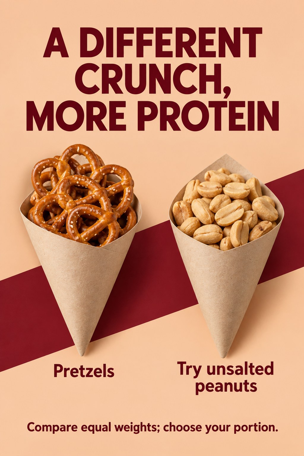 Apricot poster compares paper cones of pretzels and unsalted peanuts with a more-protein-by-weight message.