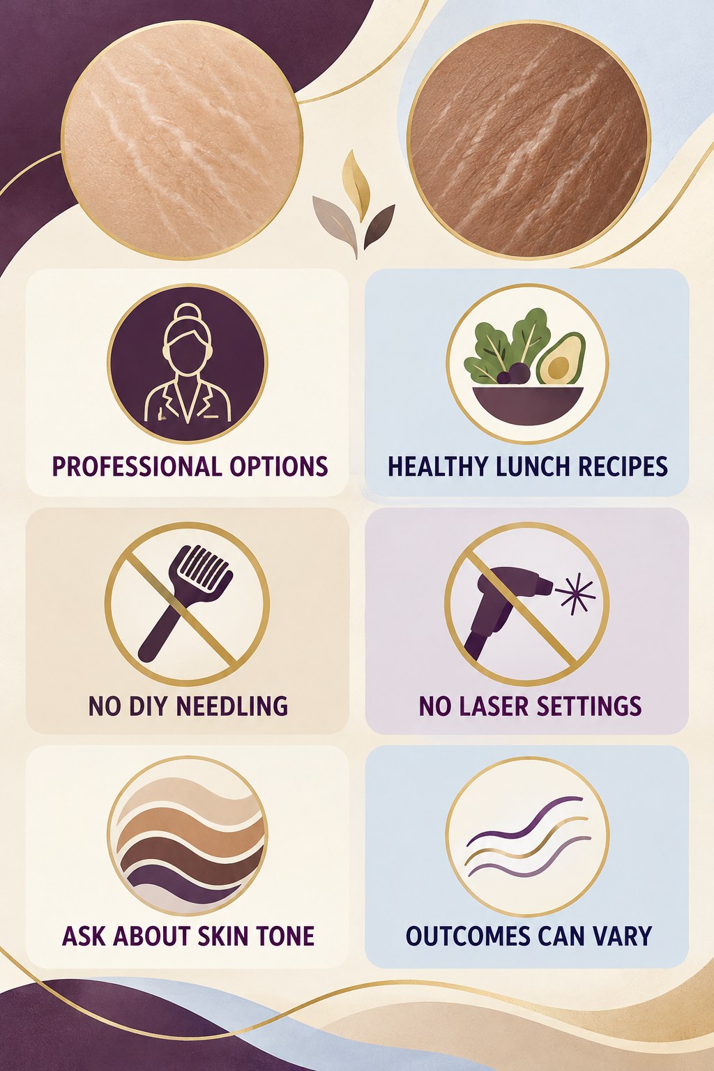 Professional Treatment Questions infographic for Healthy Lunch Recipes with four concise, body-neutral stretch-mark skincare points.