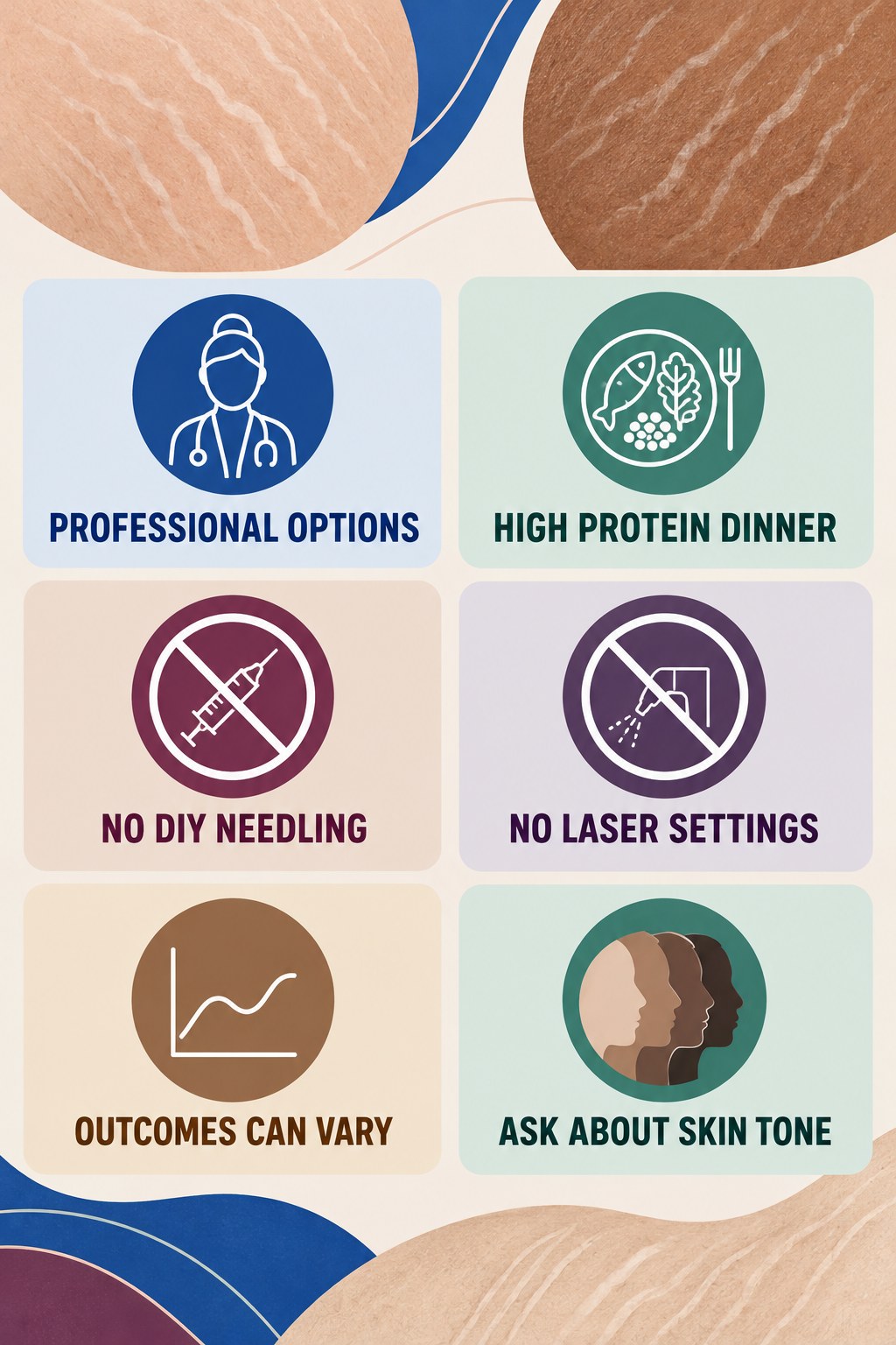 Professional Treatment Questions infographic for High Protein Dinner with four concise, body-neutral stretch-mark skincare points.