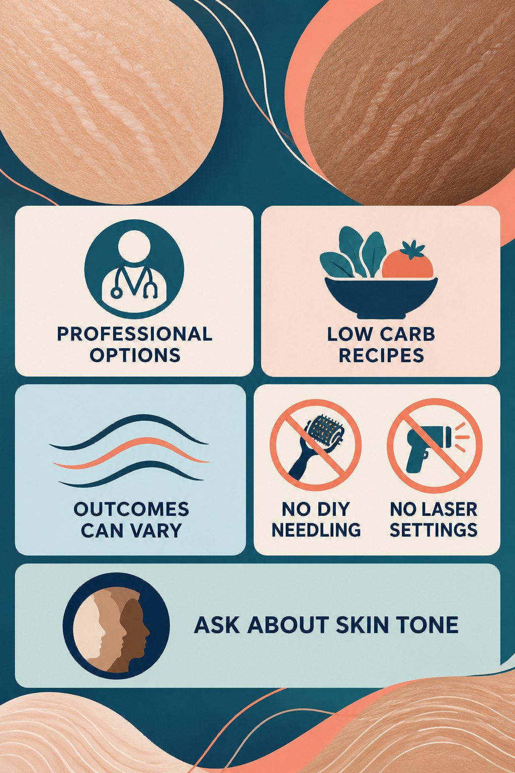 Professional Treatment Questions infographic for Low Carb Recipes with four concise, body-neutral stretch-mark skincare points.