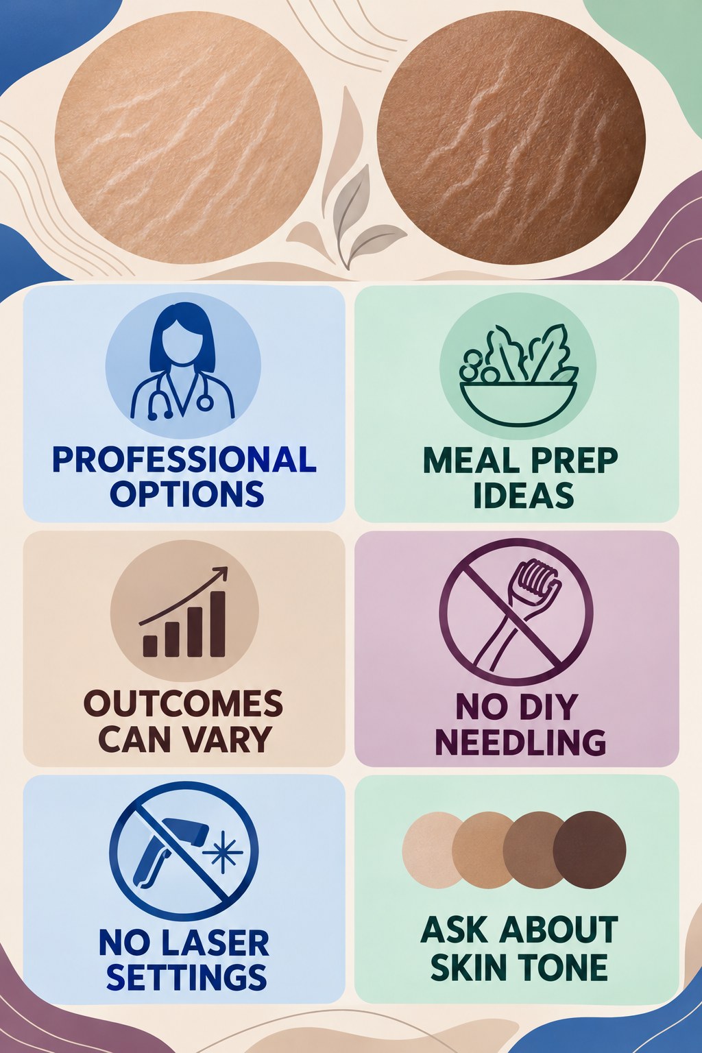 Professional Treatment Questions infographic for Meal Prep Ideas with four concise, body-neutral stretch-mark skincare points.