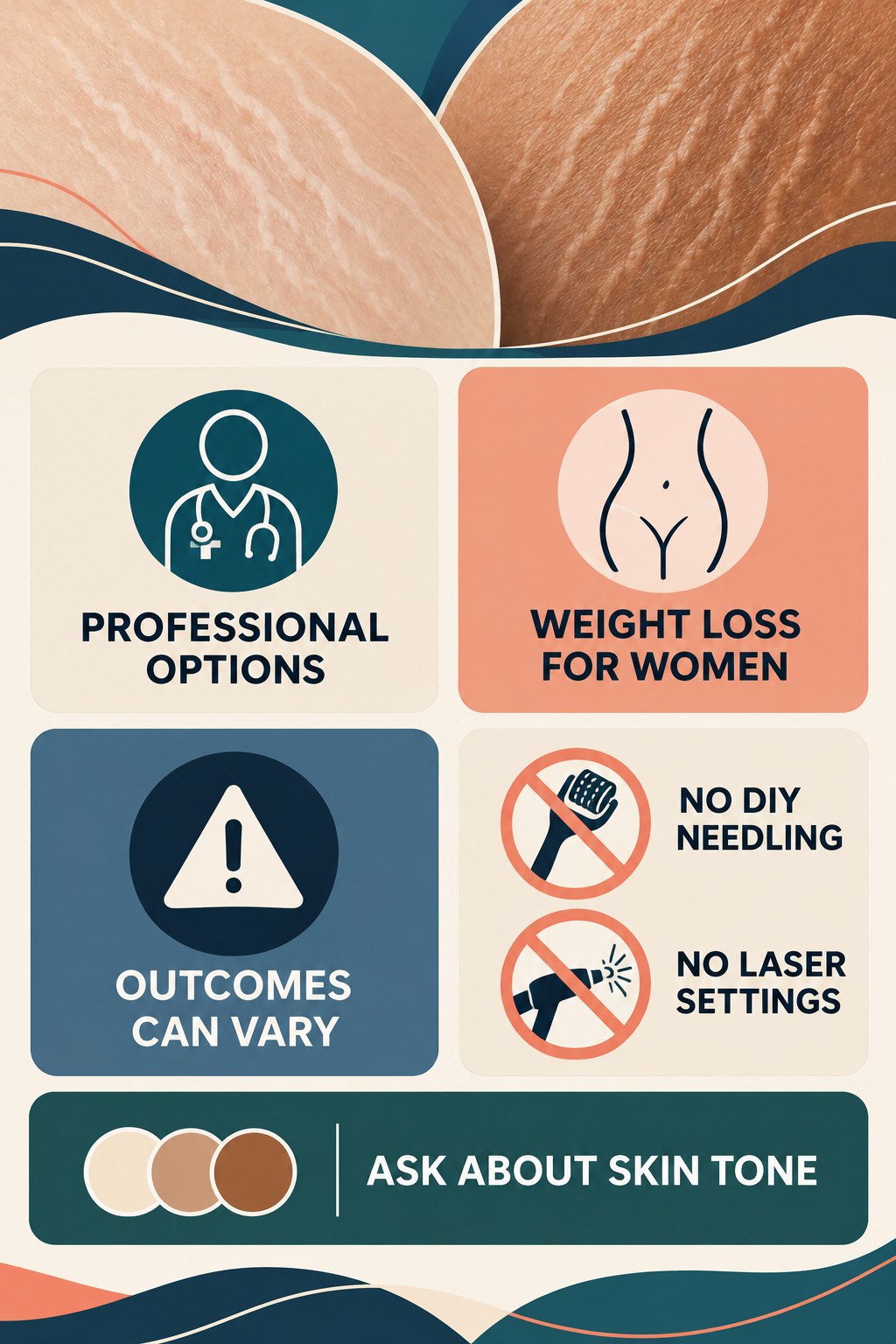 Professional Treatment Questions infographic for Weight Loss for Women with four concise, body-neutral stretch-mark skincare points.