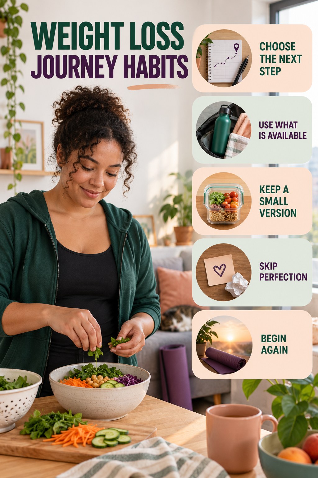 Progress-Building Habits for Weight Loss Journey with five readable habit cues and a realistic board-relevant wellness scene.