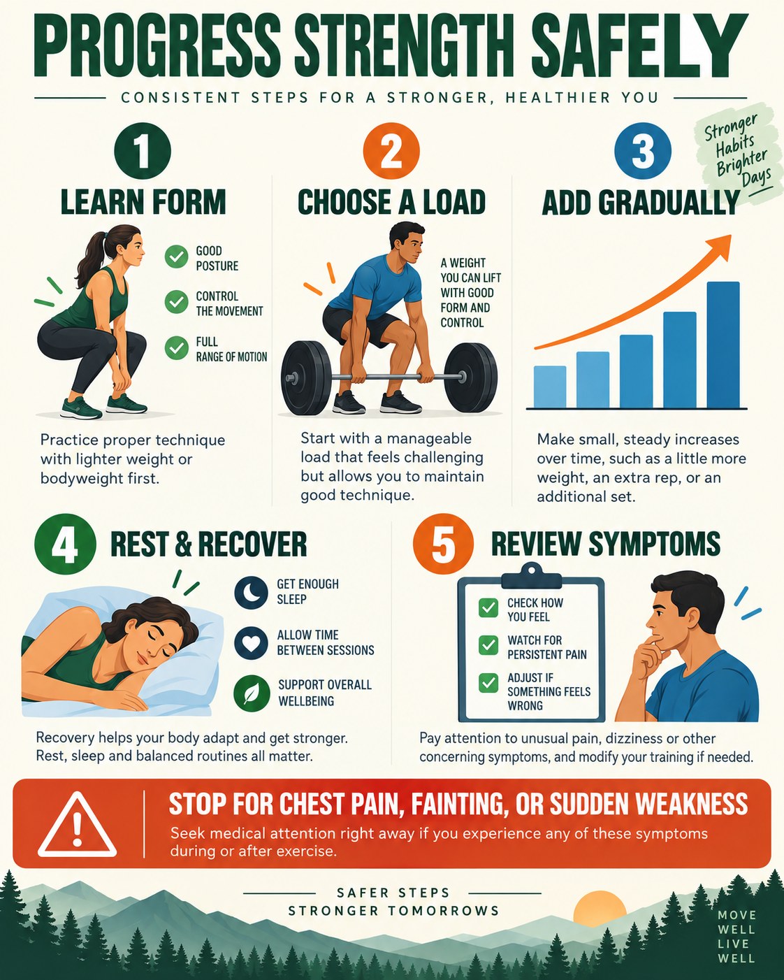 Strength progression infographic showing form, load choice, gradual increases, recovery and symptom review