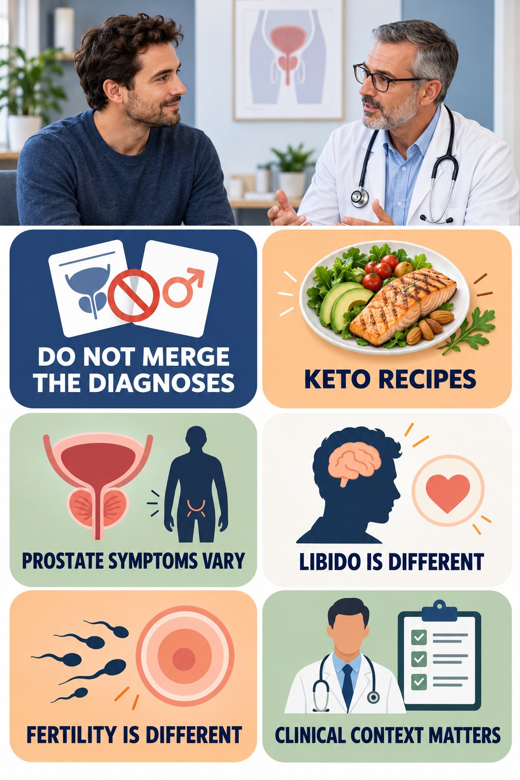 Prostate Health Is Not a Testosterone Score infographic for Keto Recipes with four concise, non-shaming sexual-health education points.