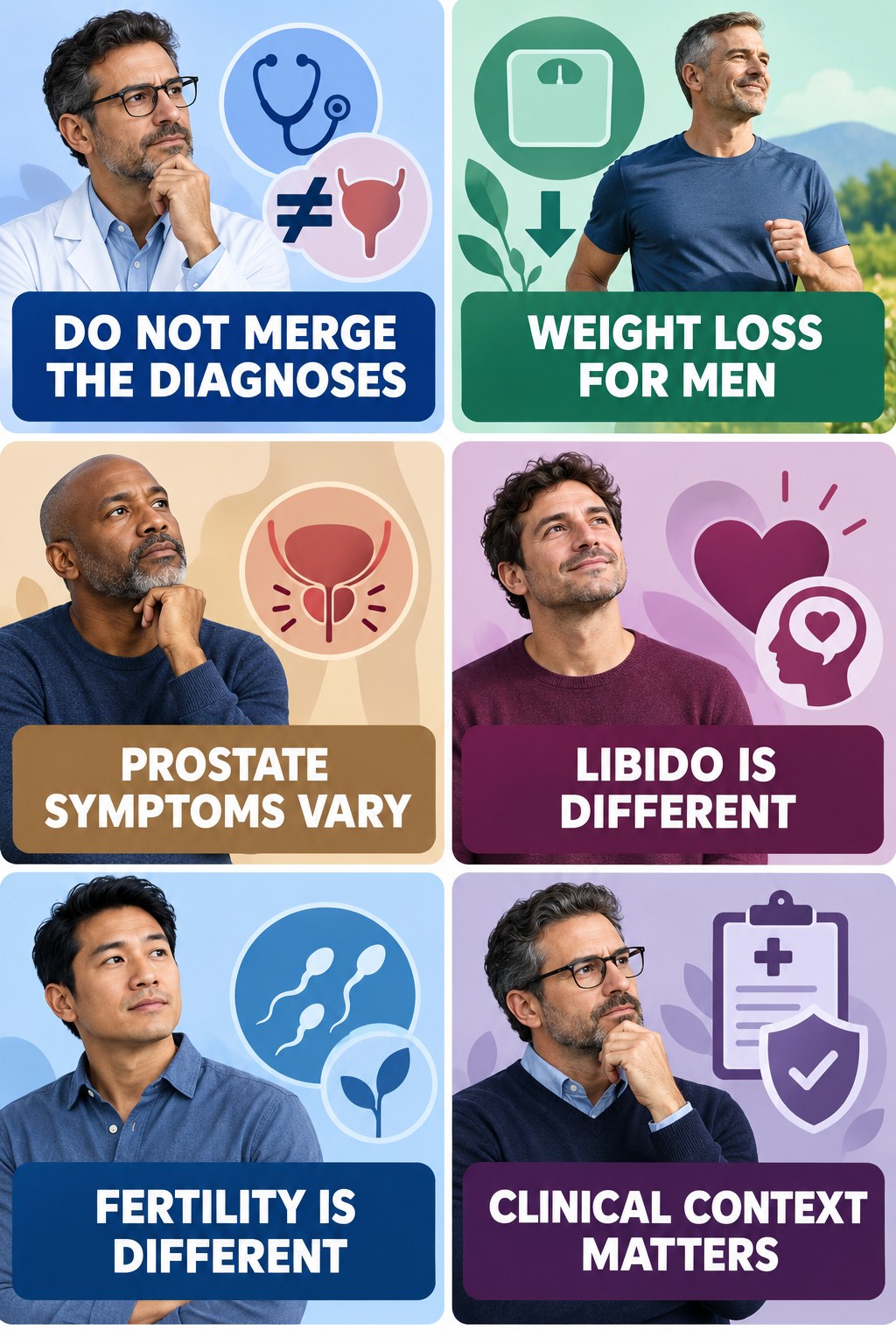 Prostate Health Is Not a Testosterone Score infographic for Weight Loss for Men with four concise, non-shaming sexual-health education points.