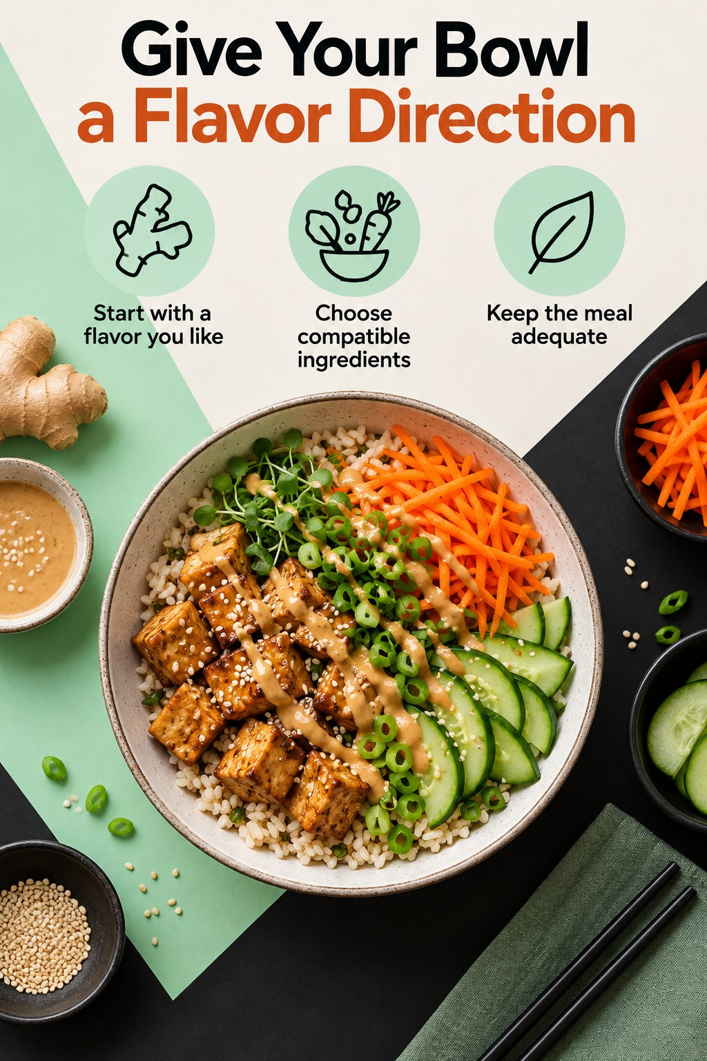 Tofu rice cucumber bowl with ginger dressing and a headline about choosing flavors that work together.