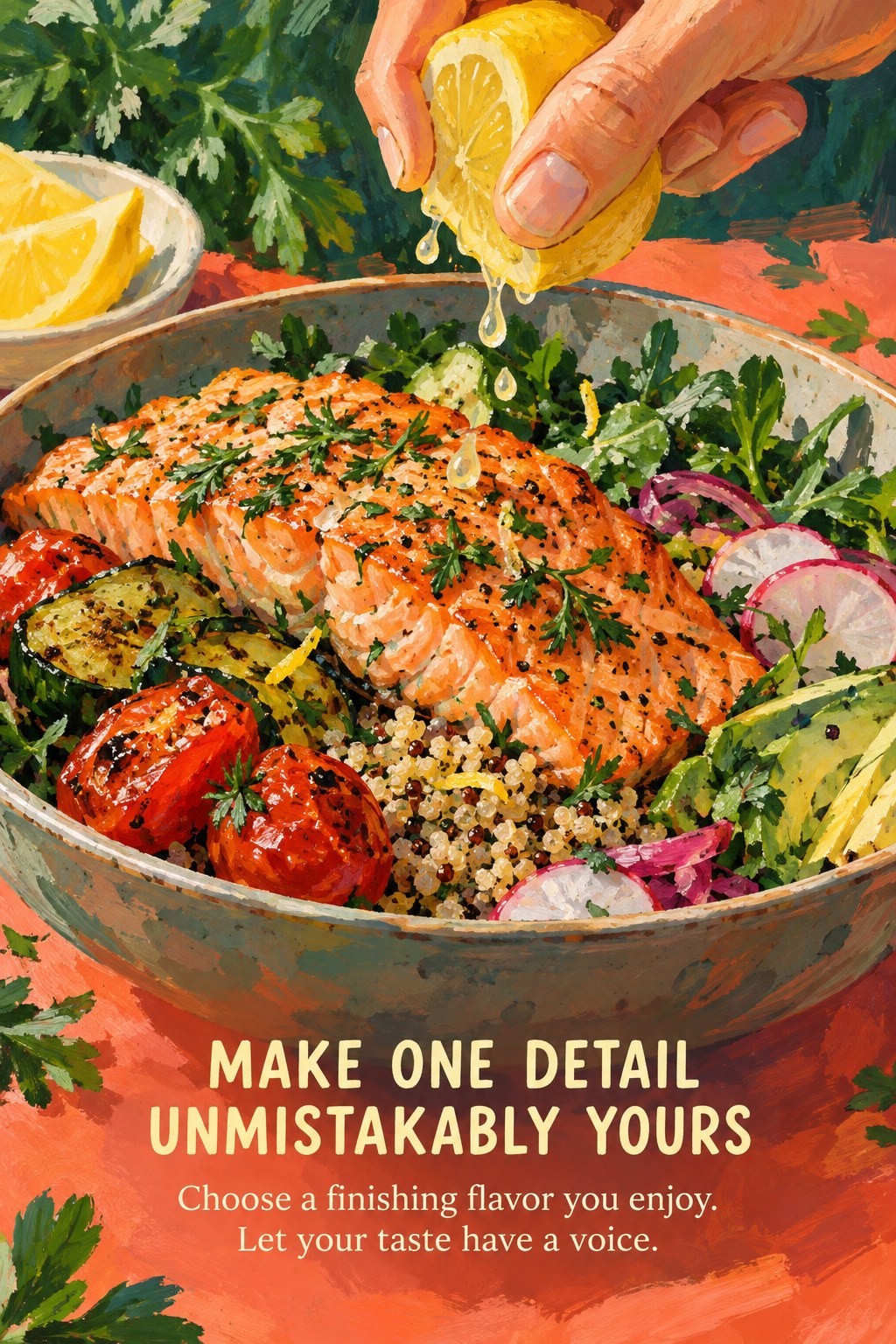 Protein bowl with salmon, grains, vegetables, and a lemon-herb finish beside encouragement to make one detail your own.