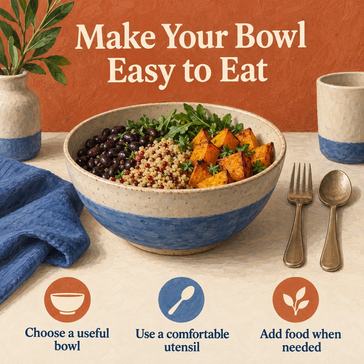 Black bean, quinoa, and squash meal in a wide bowl beside a spoon and fork with comfort-focused serving reminders.
