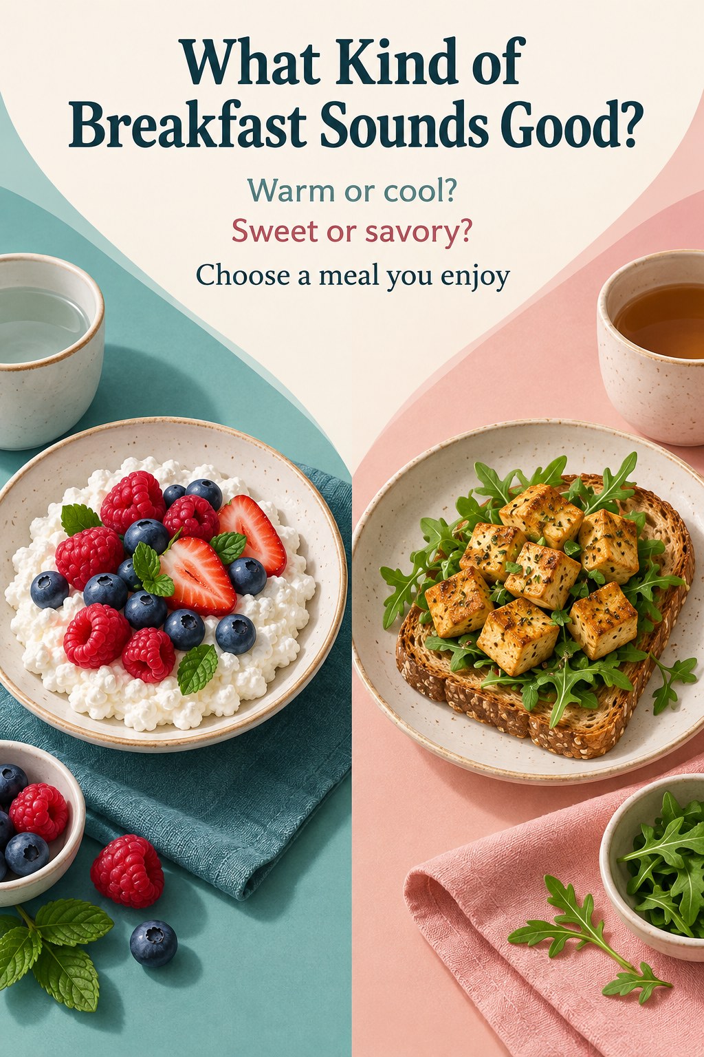 Cottage cheese and fruit breakfast beside warm tofu toast with an invitation to choose the experience that appeals.