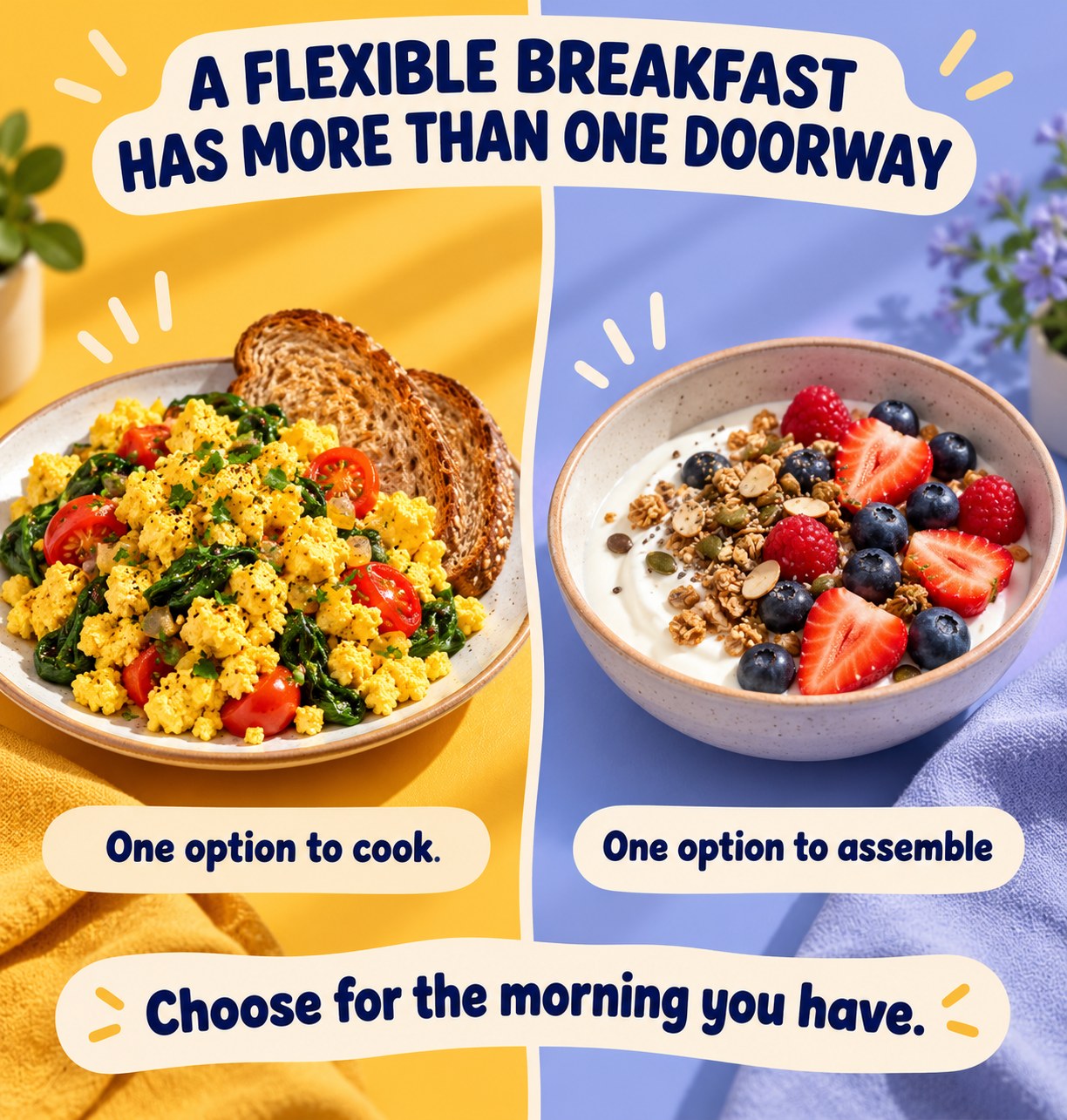 Split-panel image of tofu scramble with toast and a yogurt berry bowl showing two flexible breakfast formats.