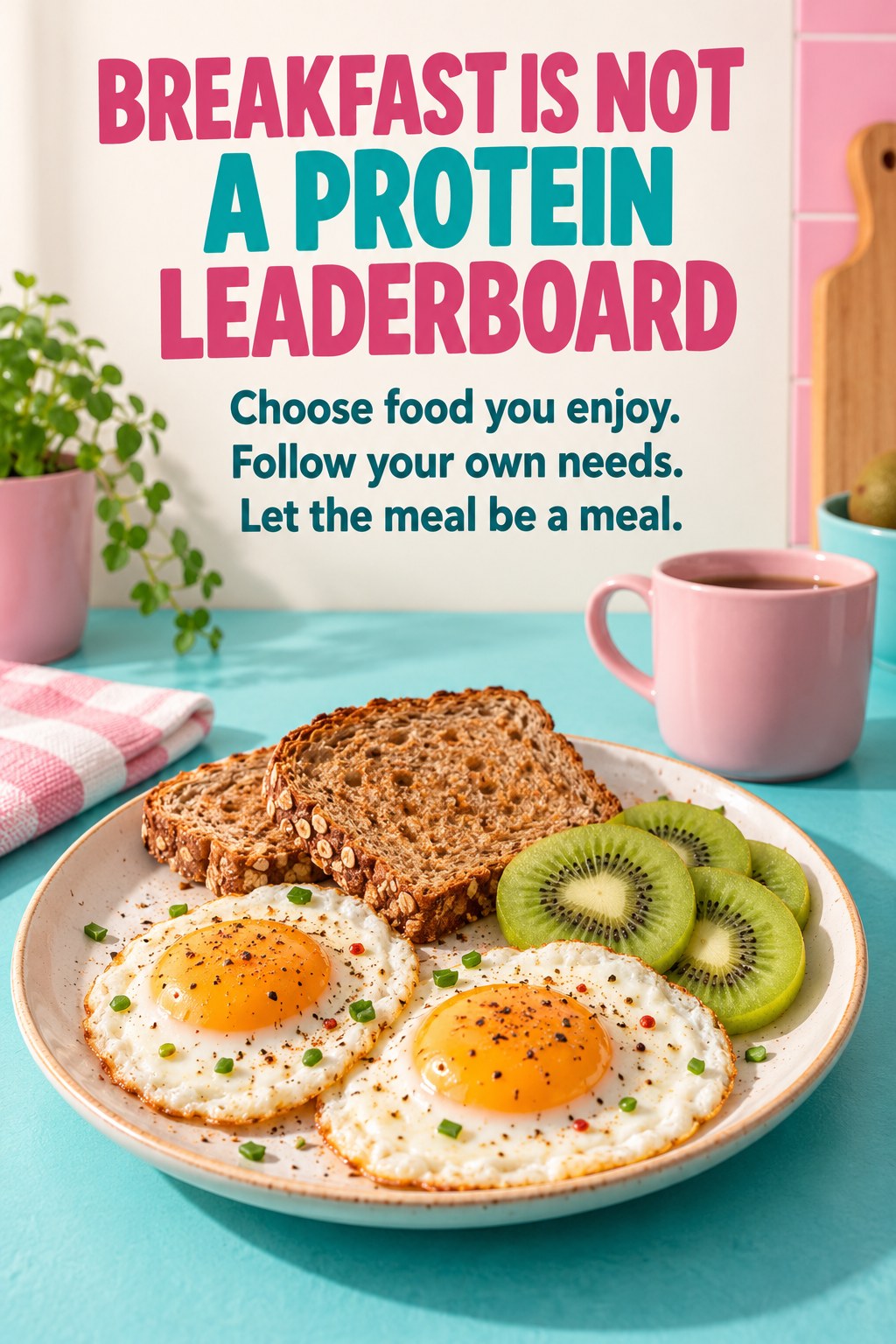 Eggs, toast, and fruit on a breakfast plate with a reminder that breakfast is not a protein leaderboard.